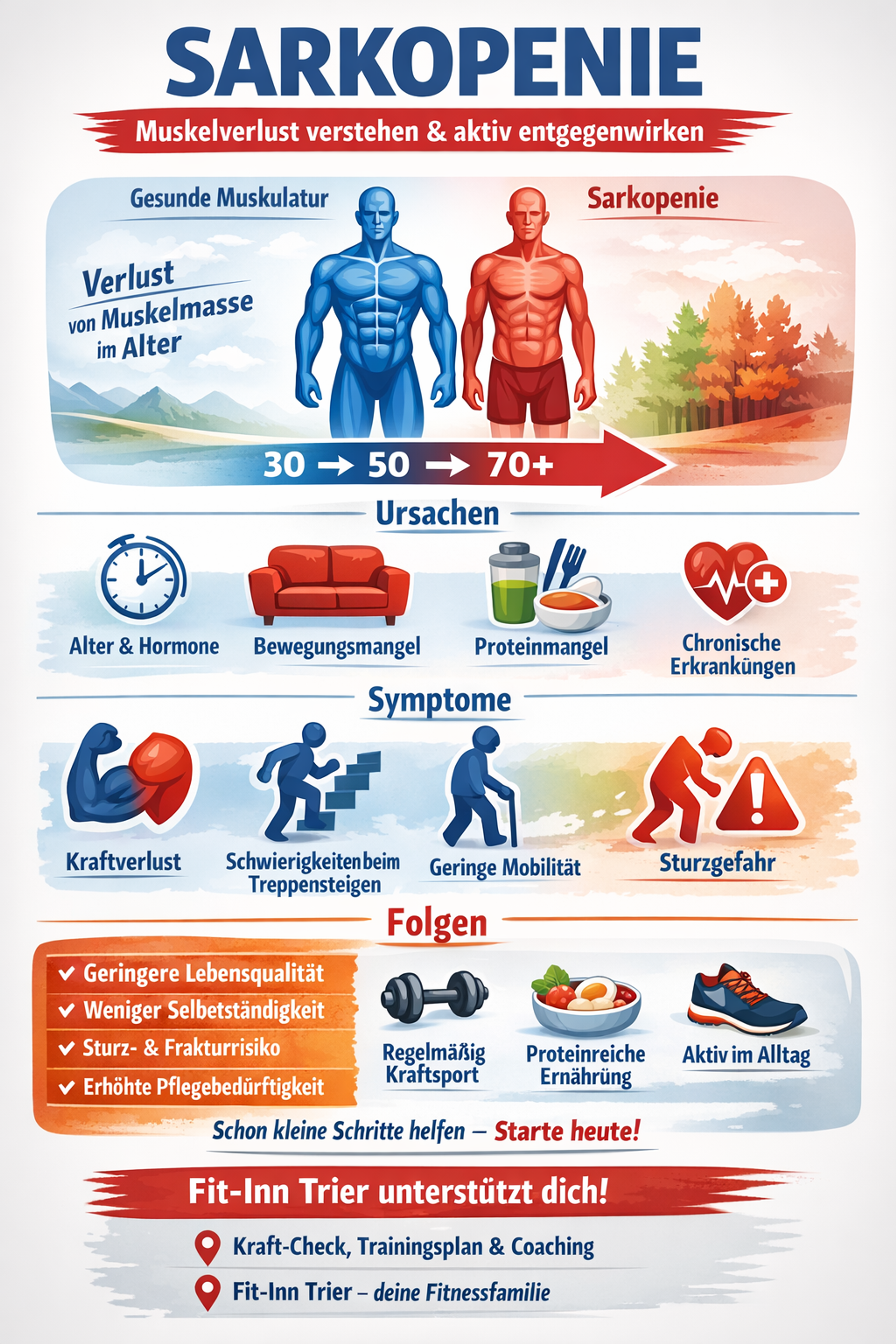 Infografik: Übersicht zu Sarkopenie mit zwei Vergleichsabbildungen (gesunde blaue Muskulatur links, rote Sarkopenie rechts), Altersverlauf 30 → 50 → 70+, Ursachen-Icons (Alter & Hormone, Bewegungsmangel, Proteinmangel, chronische Erkrankungen), Symptome-Icons (Kraftverlust, Schwierigkeiten beim Treppensteigen, geringe Mobilität, Sturzgefahr) sowie Folgen und Handlungsempfehlungen (regelmäßig Kraftsport, proteinreiche Ernährung, aktiv im Alltag) und Hinweis auf Fit‑Inn Trier.