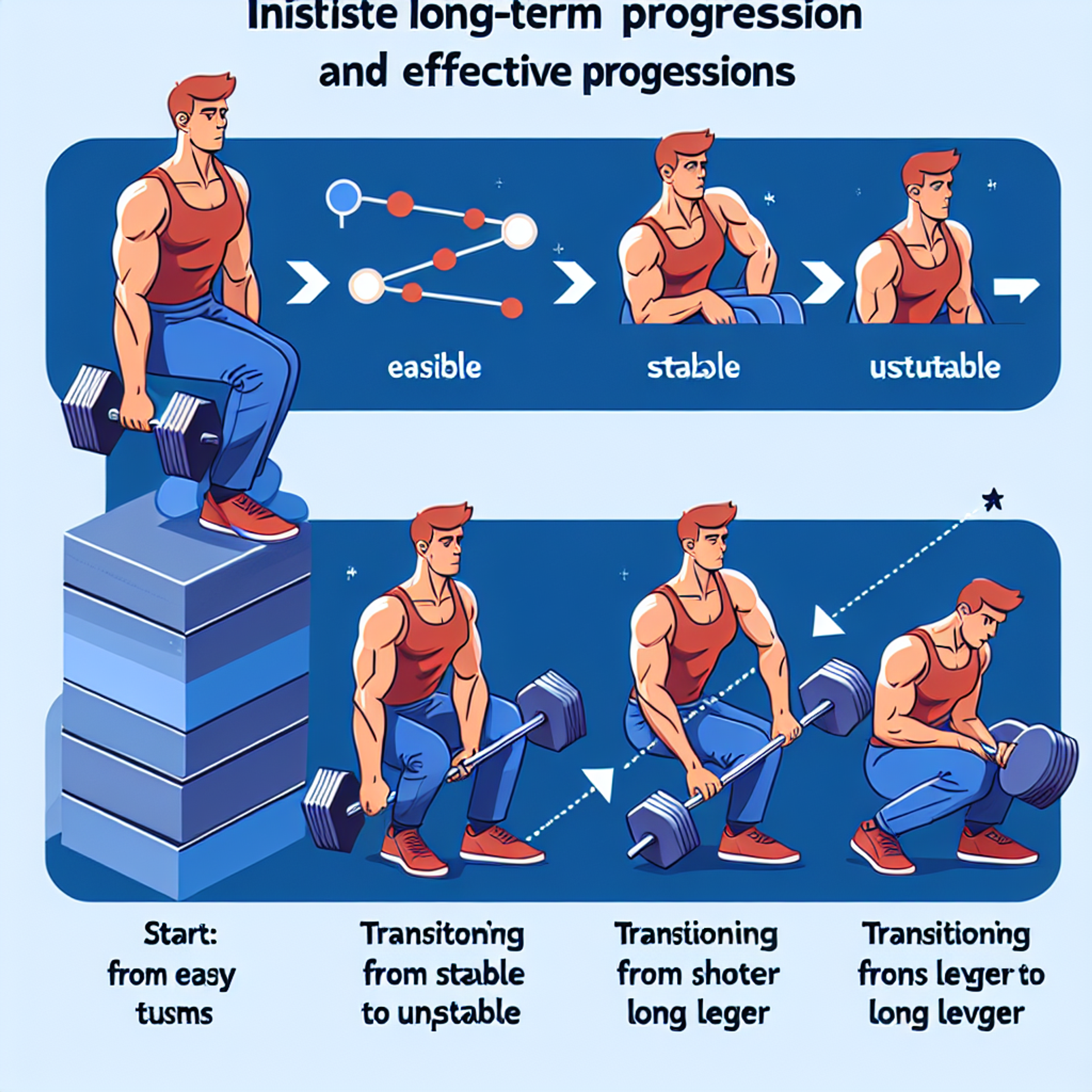 Eine Infografik zeigt einen muskulösen, gezeichneten Mann, der Hantelübungen in mehreren Progressionsstufen demonstriert — von stabilen Startpositionen auf gestapelten Blöcken zu wechselnden stabilen und instabilen Positionen sowie von kurzem zu langem Hebel.
