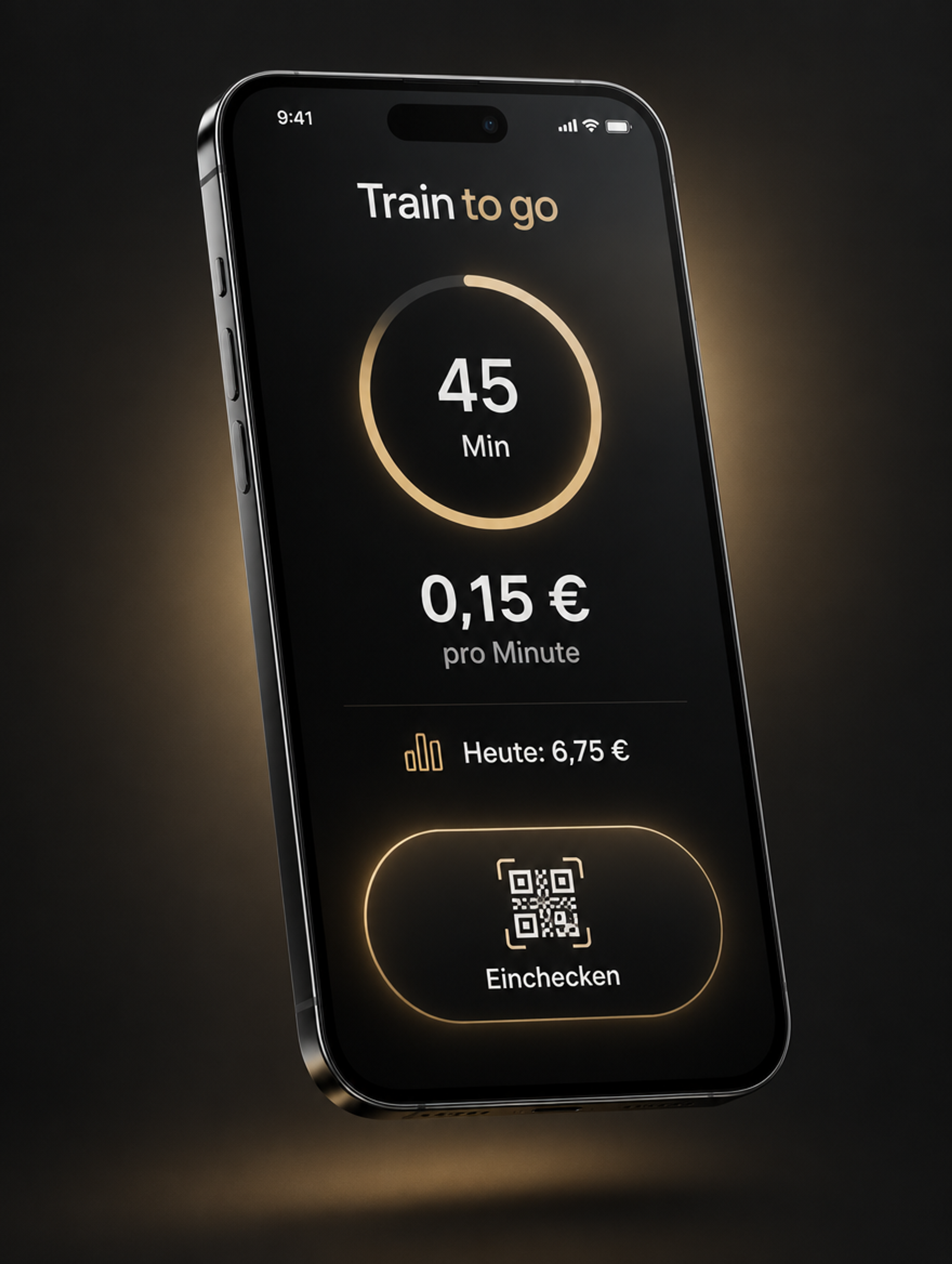 Smartphone mit der Train-to-go-App: 45 Minuten Training, 0,15 € pro Minute, heute 6,75 €, Button zum Einchecken