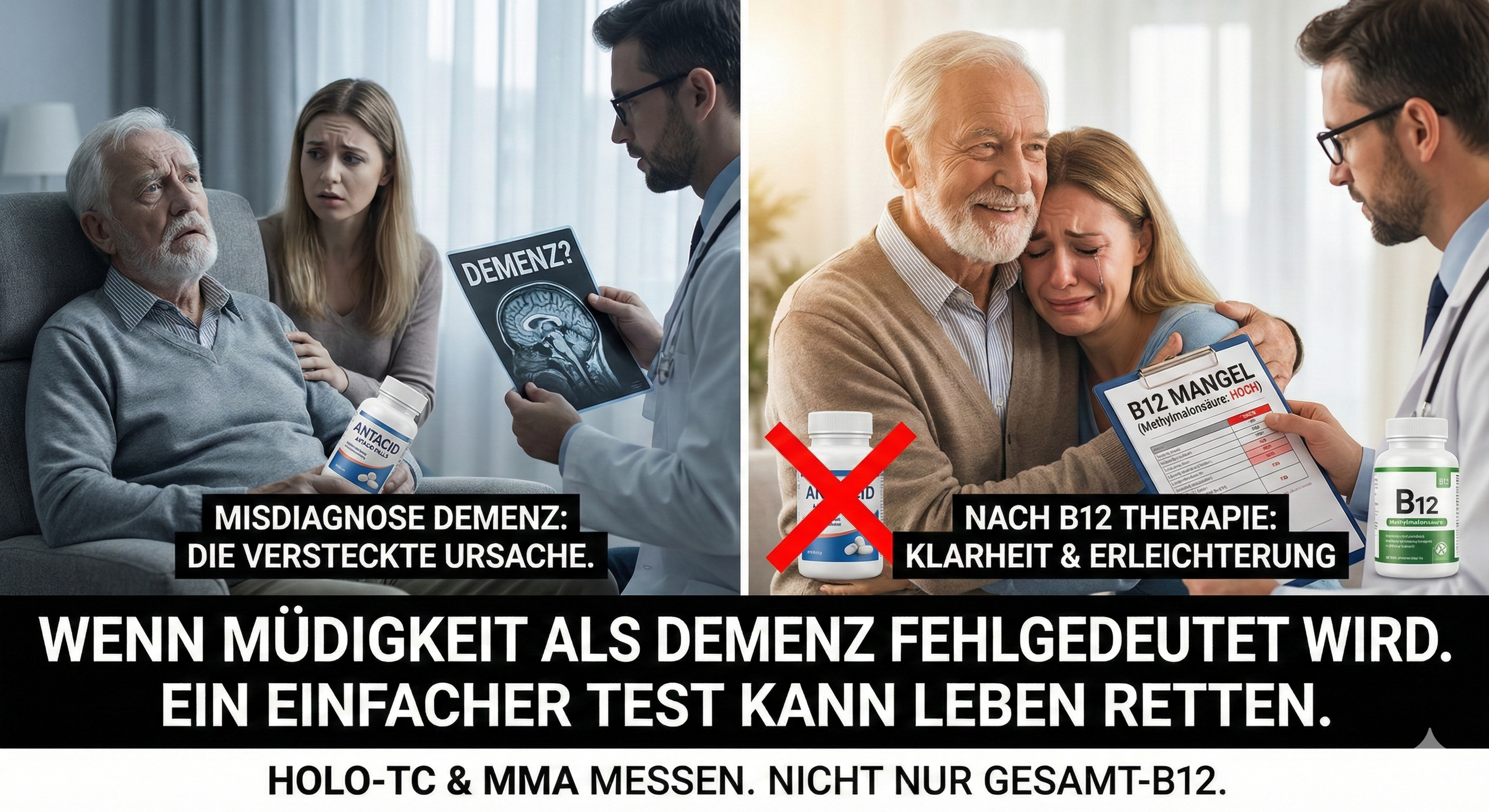 Eine geteilte Gesundheitsgrafik zeigt links einen älteren Mann mit einer ‚ANTACID‘-Flasche neben einer besorgten Frau, während ein Arzt ein Hirnbild mit der Aufschrift „DEMENZ?“ präsentiert; rechts umarmen sich der Mann und die Frau lächelnd neben einem Arzt, der ein Klemmbrett mit „B12 MANGEL (Methylmalonsäure: HOCH)“ hält, dazu ein rotes X über einer Antazid-Flasche und eine Vitamin‑B12‑Dose.