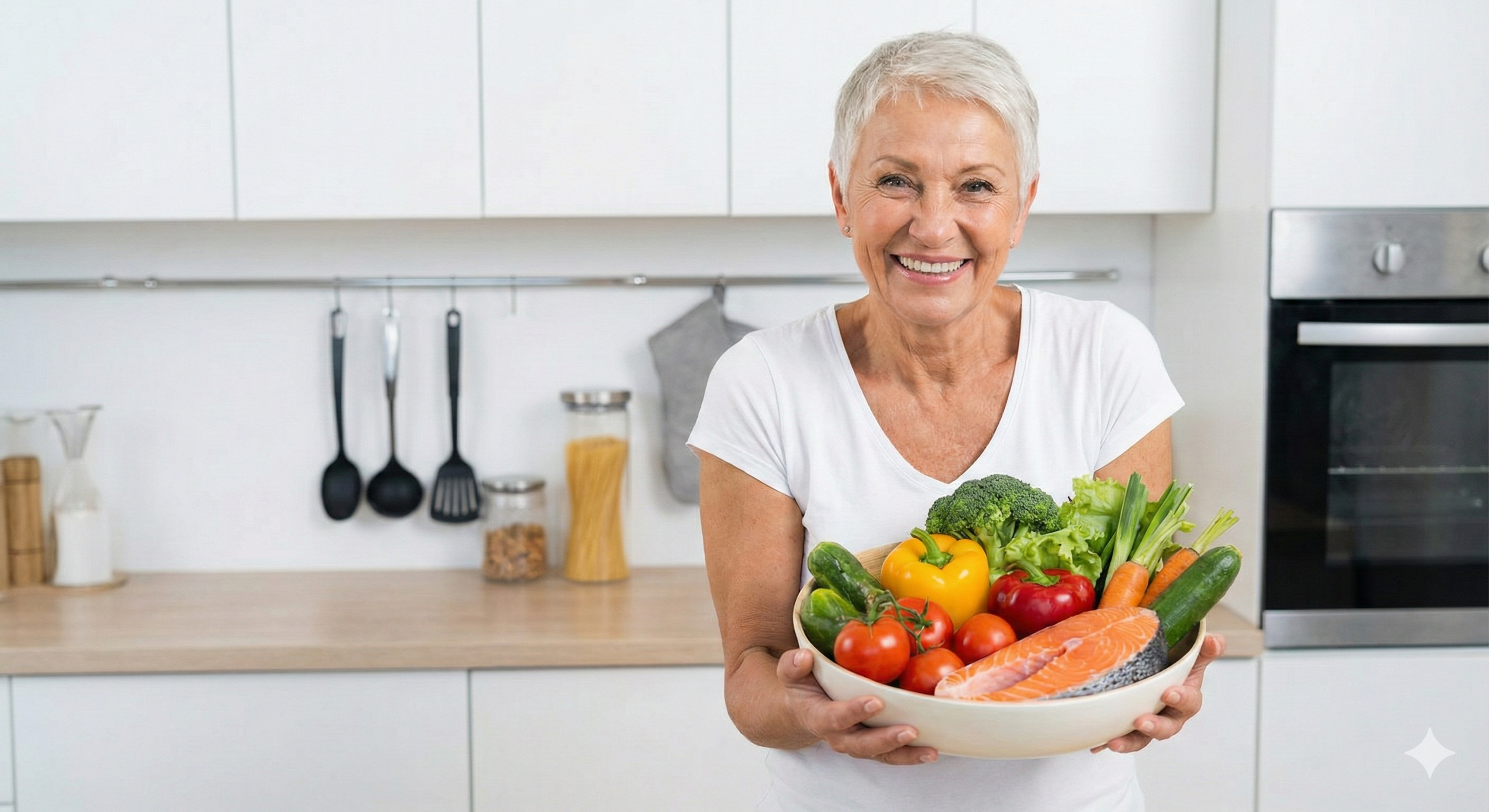 Eine lächelnde ältere Frau hält in einer hellen Küche eine große Schale mit Lachsfilet, Brokkoli, gelber Paprika, Tomaten, Gurke und Karotten; links erscheinen Grafikelemente mit der Überschrift „Häufige Ernährungs-Irrtümer nach 60 entlarvt“ sowie Icons zu Vitamin B12, Vitamin D, Omega‑3, Magnesium und Protein.