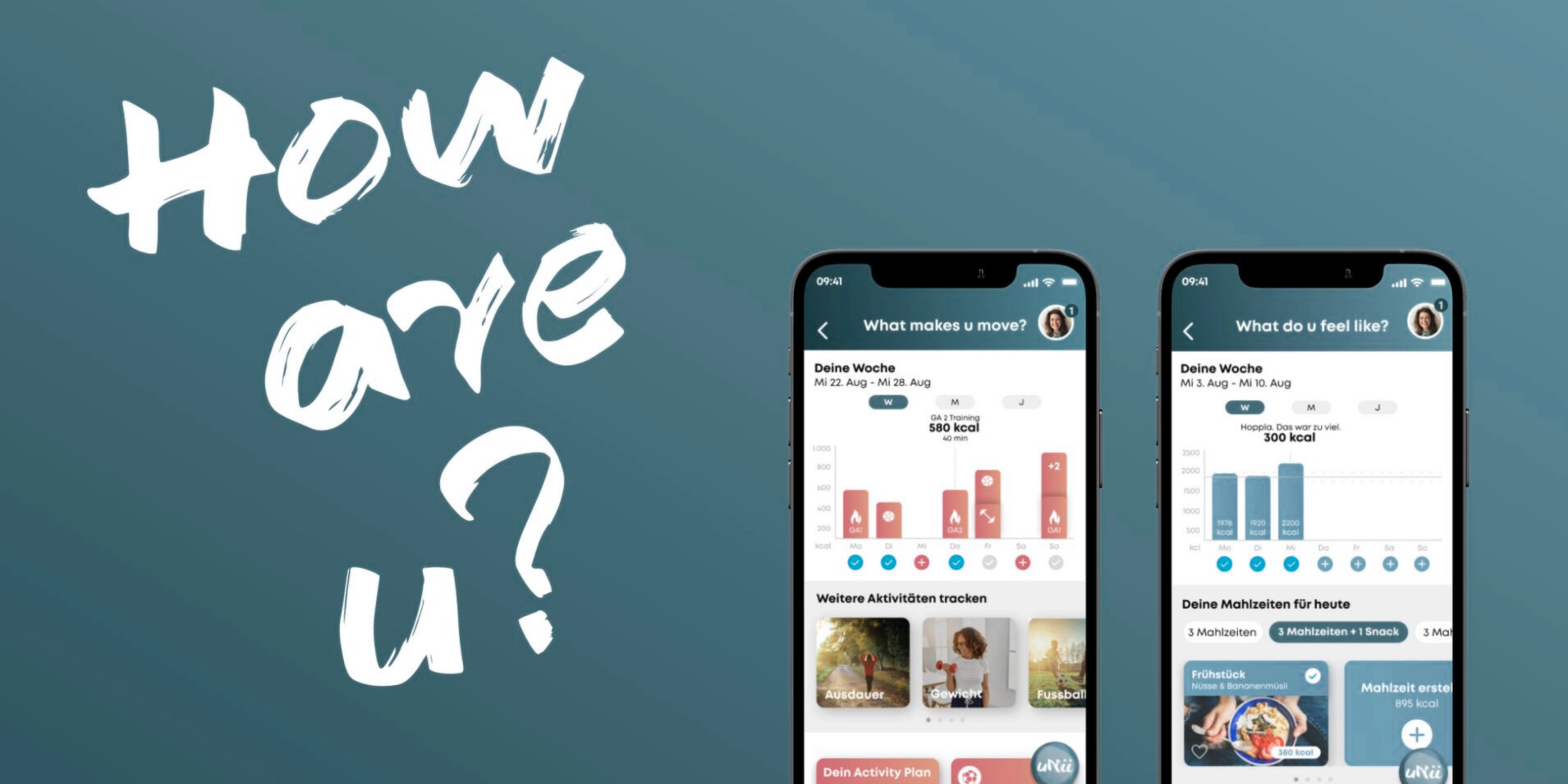 Zwei Smartphones zeigen eine Fitness- und Ernährungs-App vor türkisfarbenem Hintergrund mit großem Schriftzug ‚How are u?‘