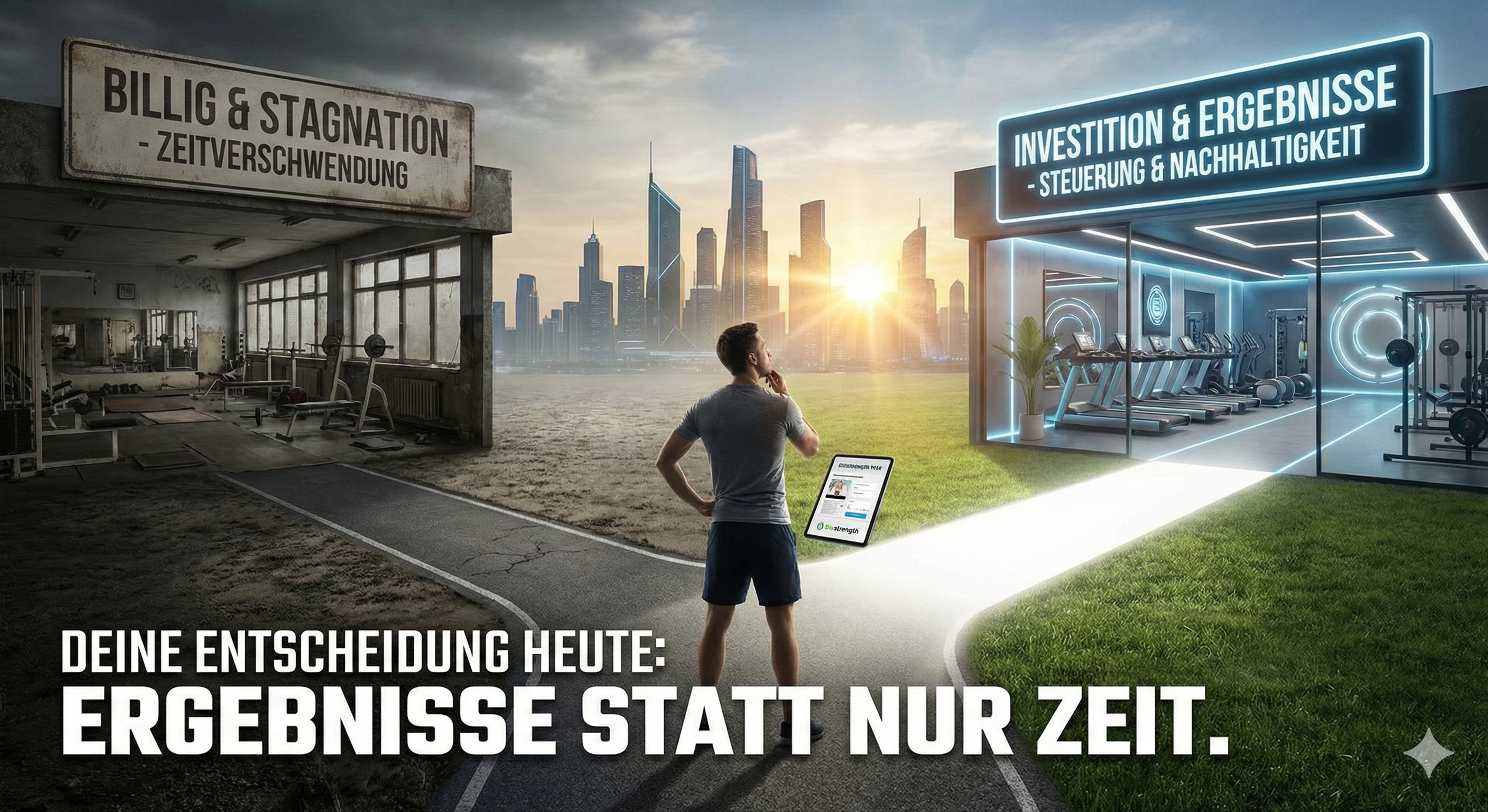 Ein Mann steht an einer Weggabelung zwischen einem heruntergekommenen Fitnessstudio mit dem Schild „BILLIG & STAGNATION – ZEITVERSCHWENDUNG“ und einem hellen, modernen Gym mit „INVESTITION & ERGEBNISSE – STEUERUNG & NACHHALTIGKEIT“ vor einer Skyline im Sonnenaufgang.