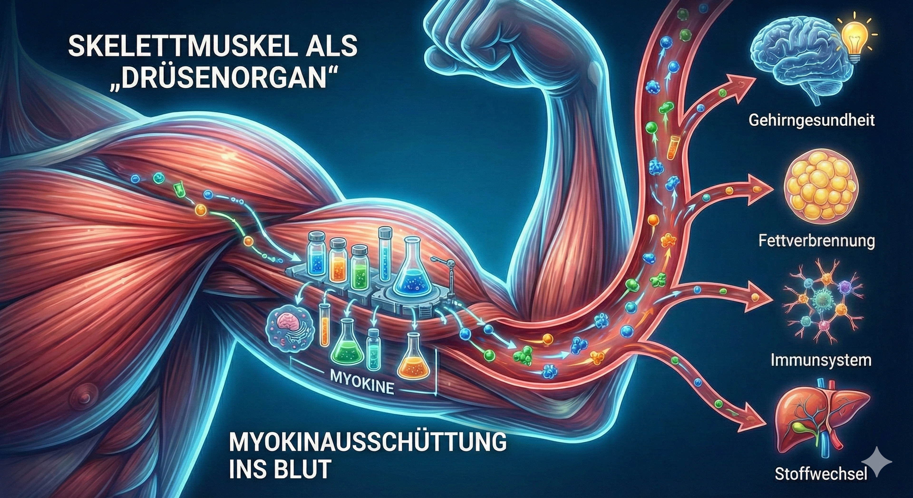 Diagramm: Skelettmuskel als „Drüsenorgan“ – Pfeile zeigen Myokinausschüttung ins Blut und Effekte auf Organe (Gehirn, Fettgewebe, Immunsystem, Leber)