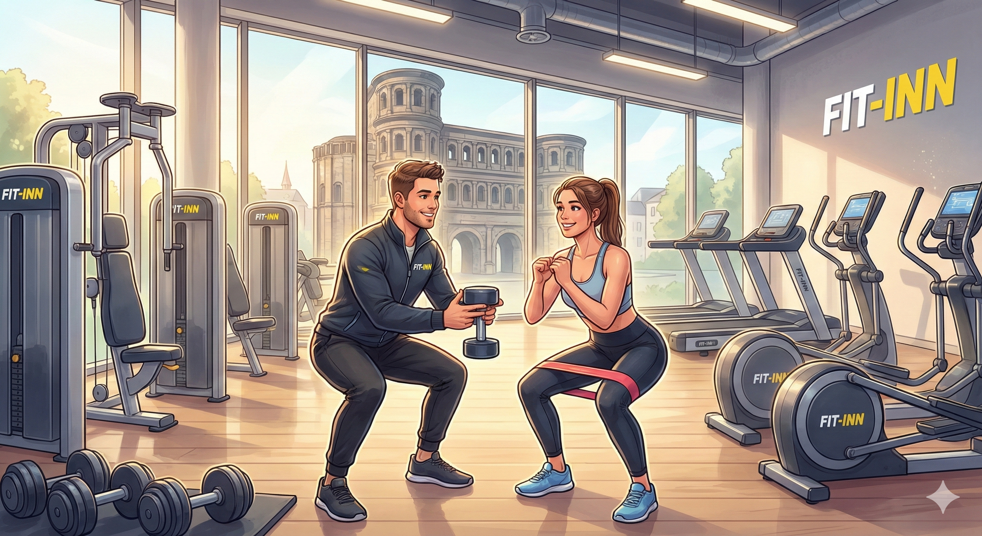 Foto-ähnliche Illustration: Helle Studiofläche im Fit-Inn Trier mit Geräten für Kraft und Cardio; Coach zeigt einem Mitglied Kniebeuge-Variante