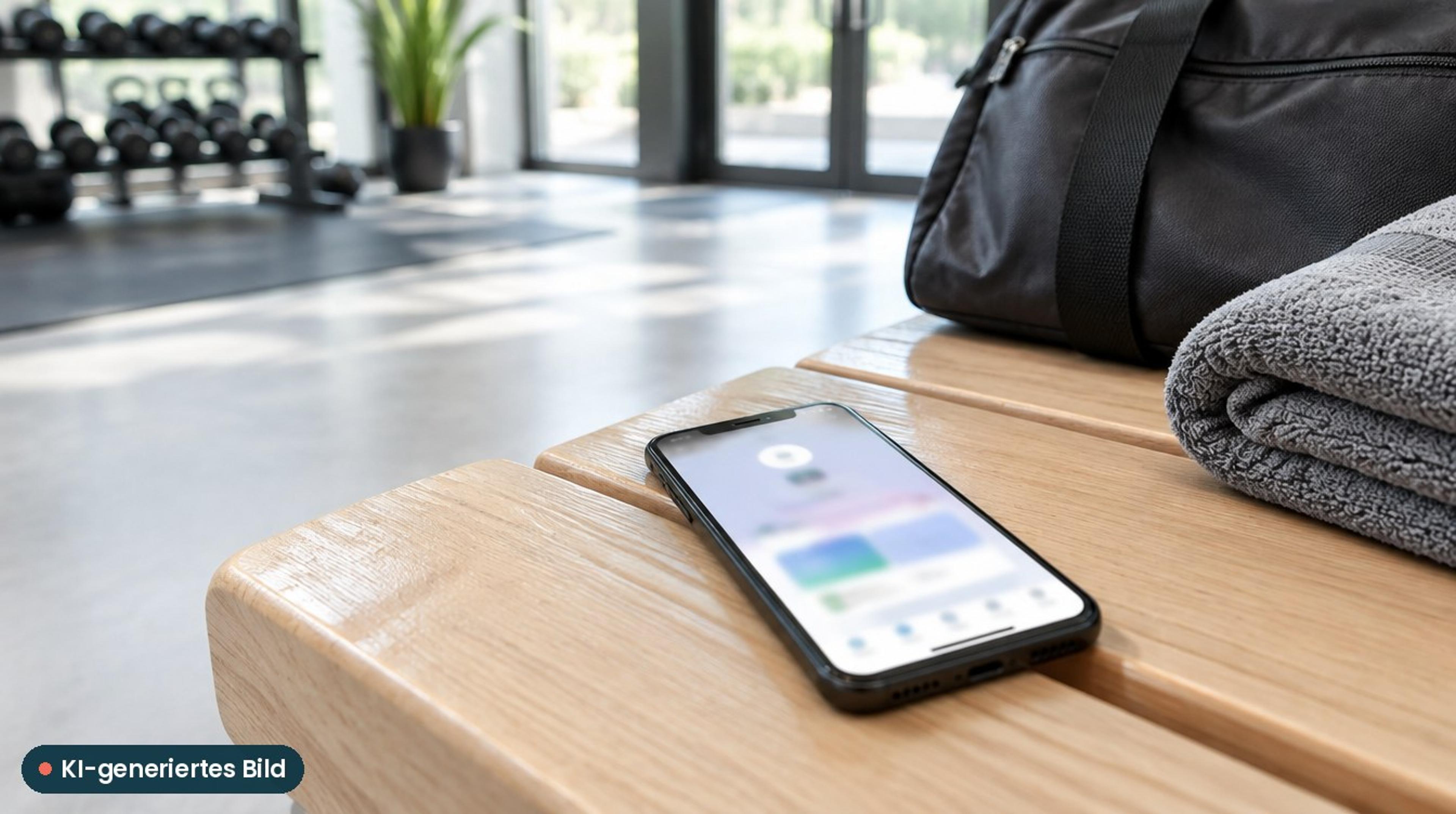 KI-generiertes Bild: Smartphone auf einer hellen Bank im Studioeingang neben Sporttasche und Handtuch – Fitnessstudio ohne Vertrag mit Train to go