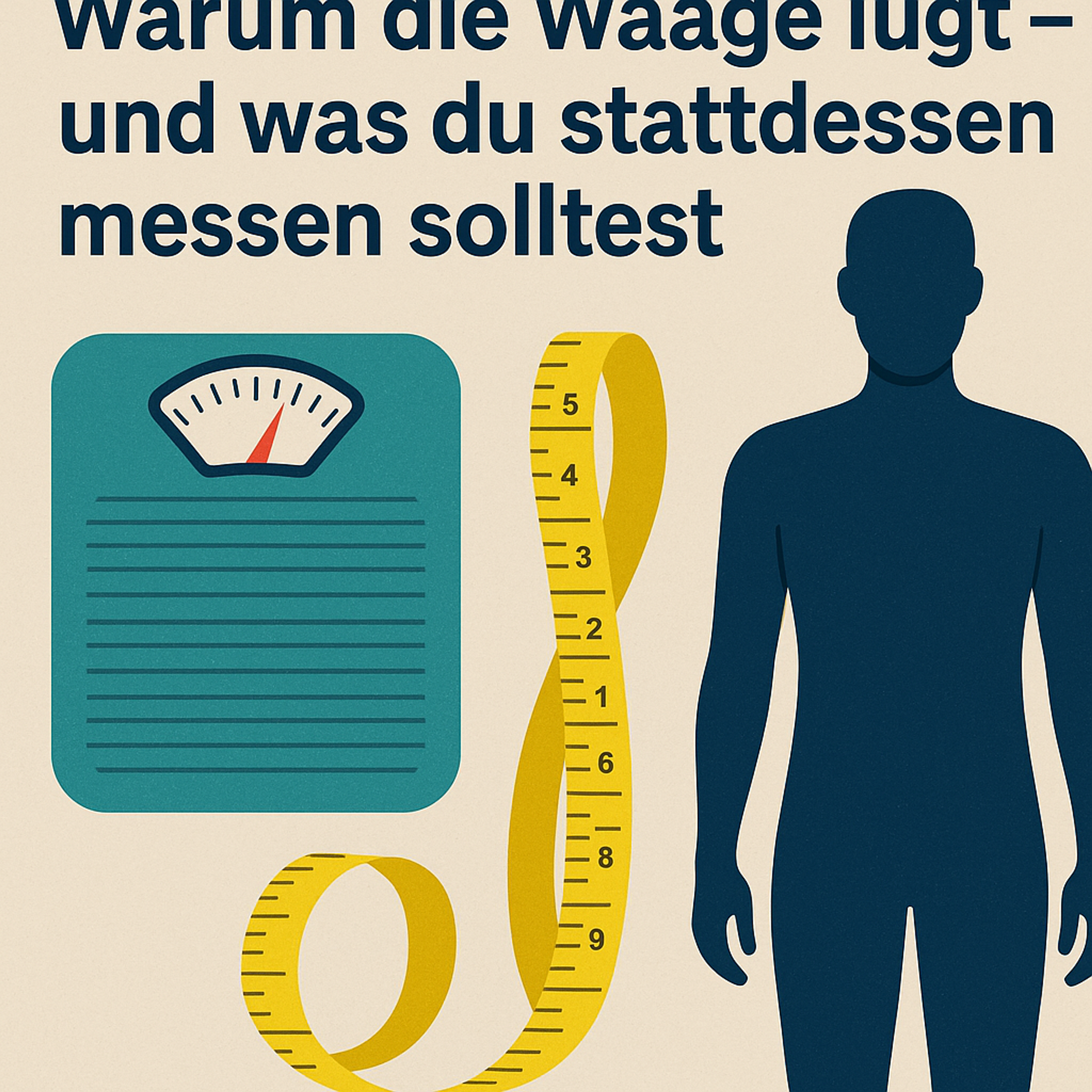 Illustration: Türkisfarbene Personenwaage, gelbes Maßband und dunkle Silhouette eines Menschen vor cremefarbenem Hintergrund – Symbolbild für Körperanalyse und Stoffwechselmessung im Fit-Inn Trier.