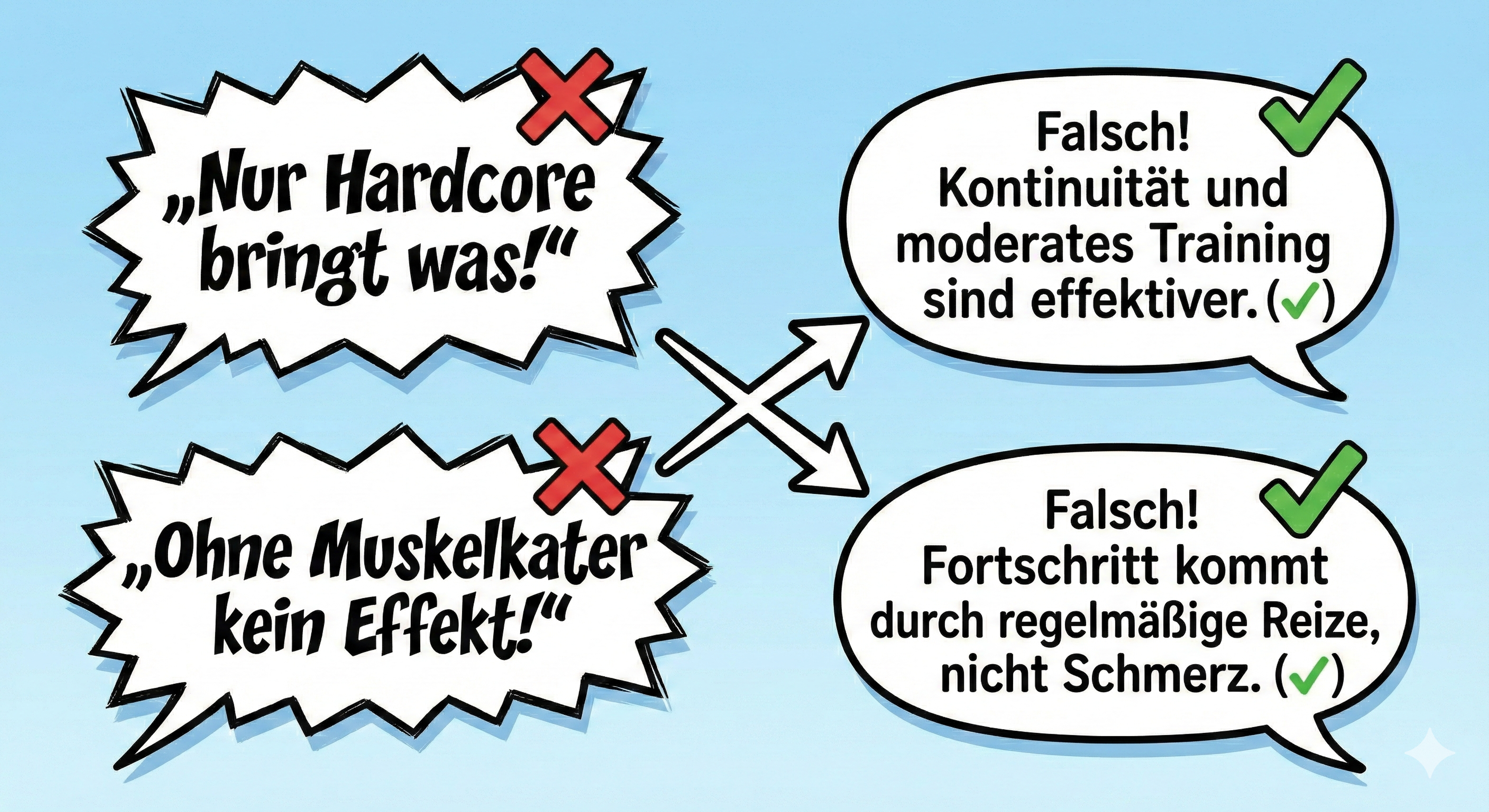 Comic-Grafik: Sprechblasen mit Mythen („Nur Hardcore bringt was“, „Ohne Muskelkater kein Effekt“) und Häkchen mit Klarstellungen