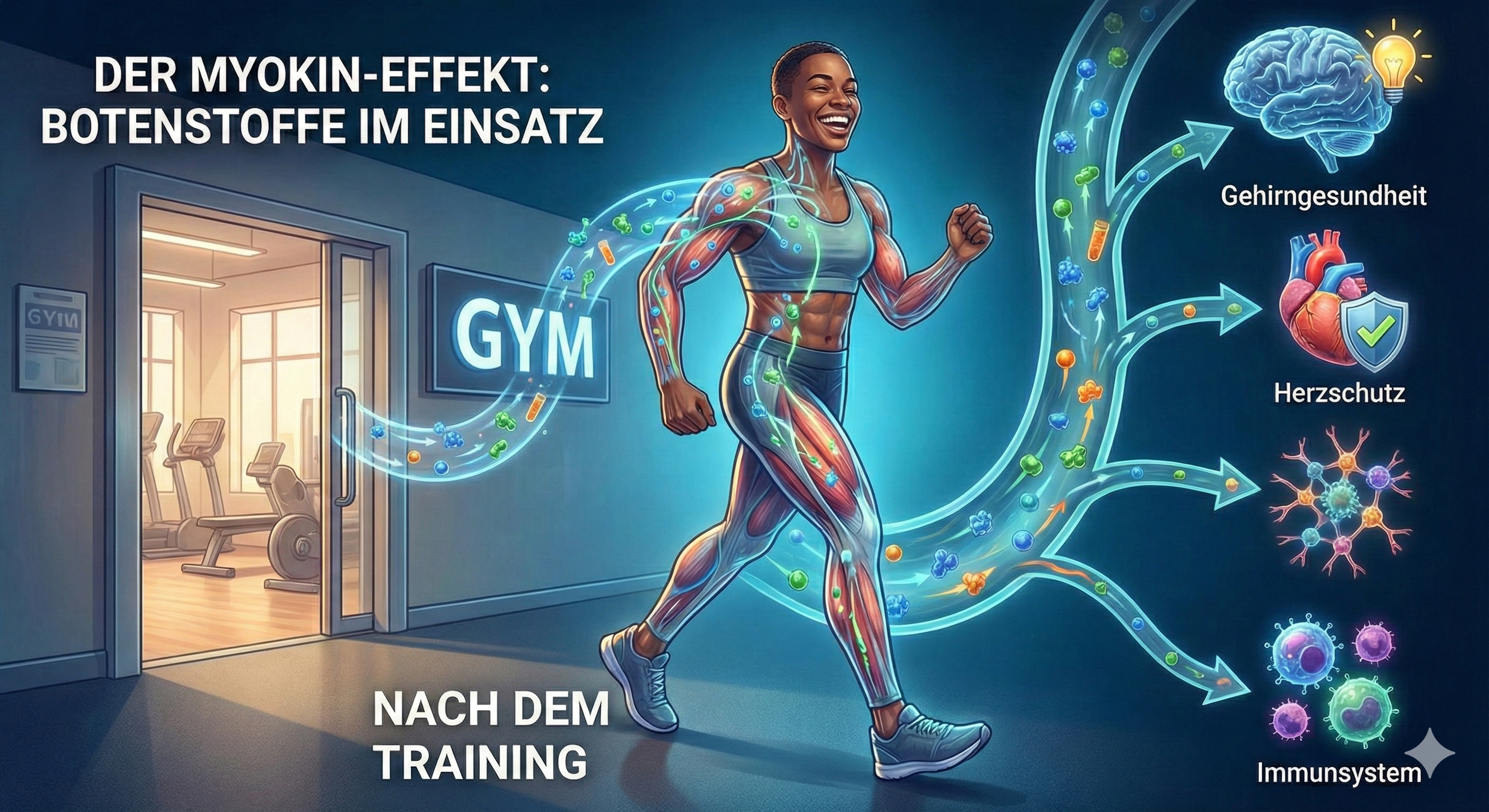 Eine Person verlässt lächelnd das Studio, in einer Grafik schweben kleine „Botenstoff“-Symbole vom Muskel durch den Körper – Richtung Gehirn, Herz und Immunsystem