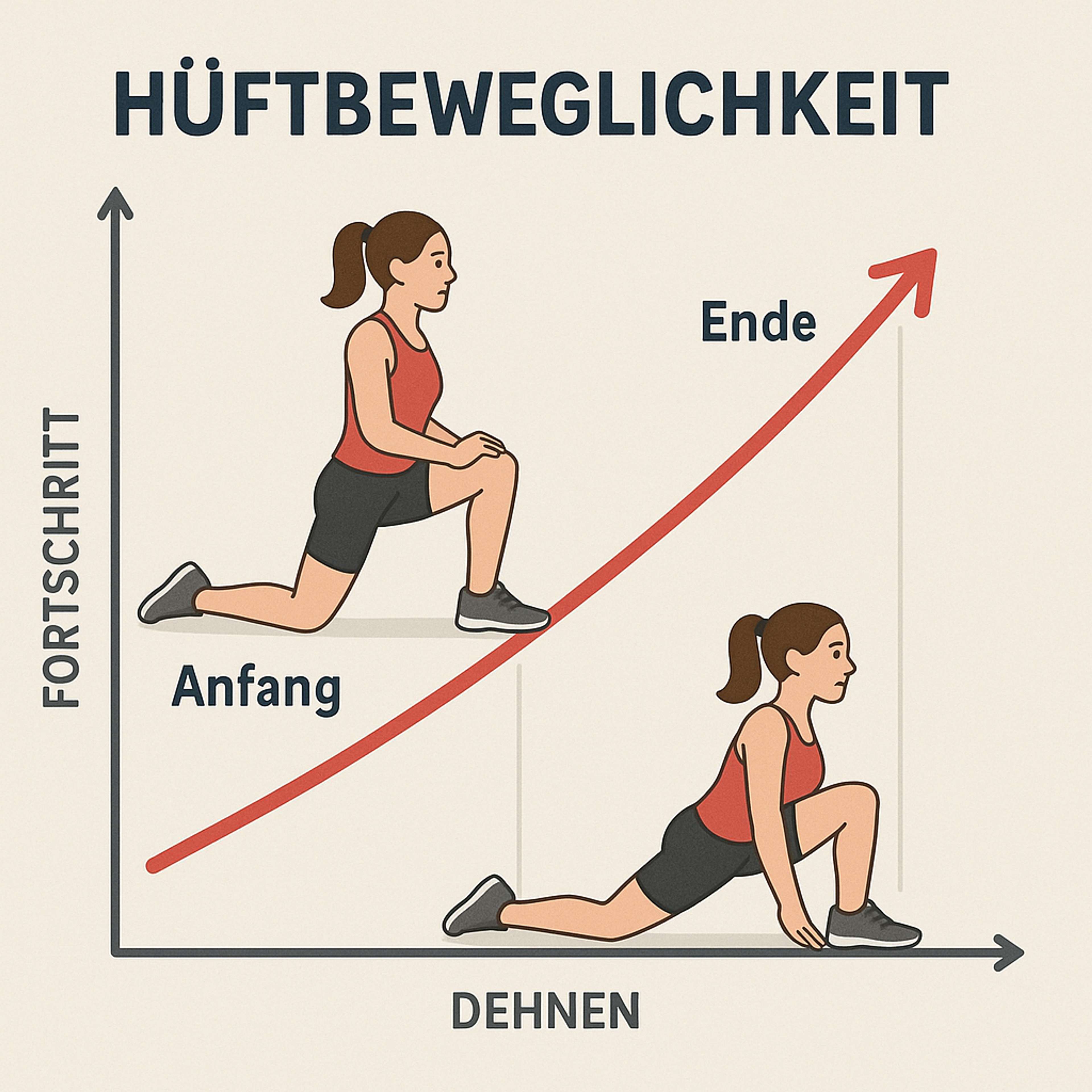 Abbildung zeigt eine Frau in zwei Ausfallschritt-Positionen zur Veranschaulichung des Fortschritts der Hüftbeweglichkeit vom Anfang bis zum Ende eines Dehnprogramms