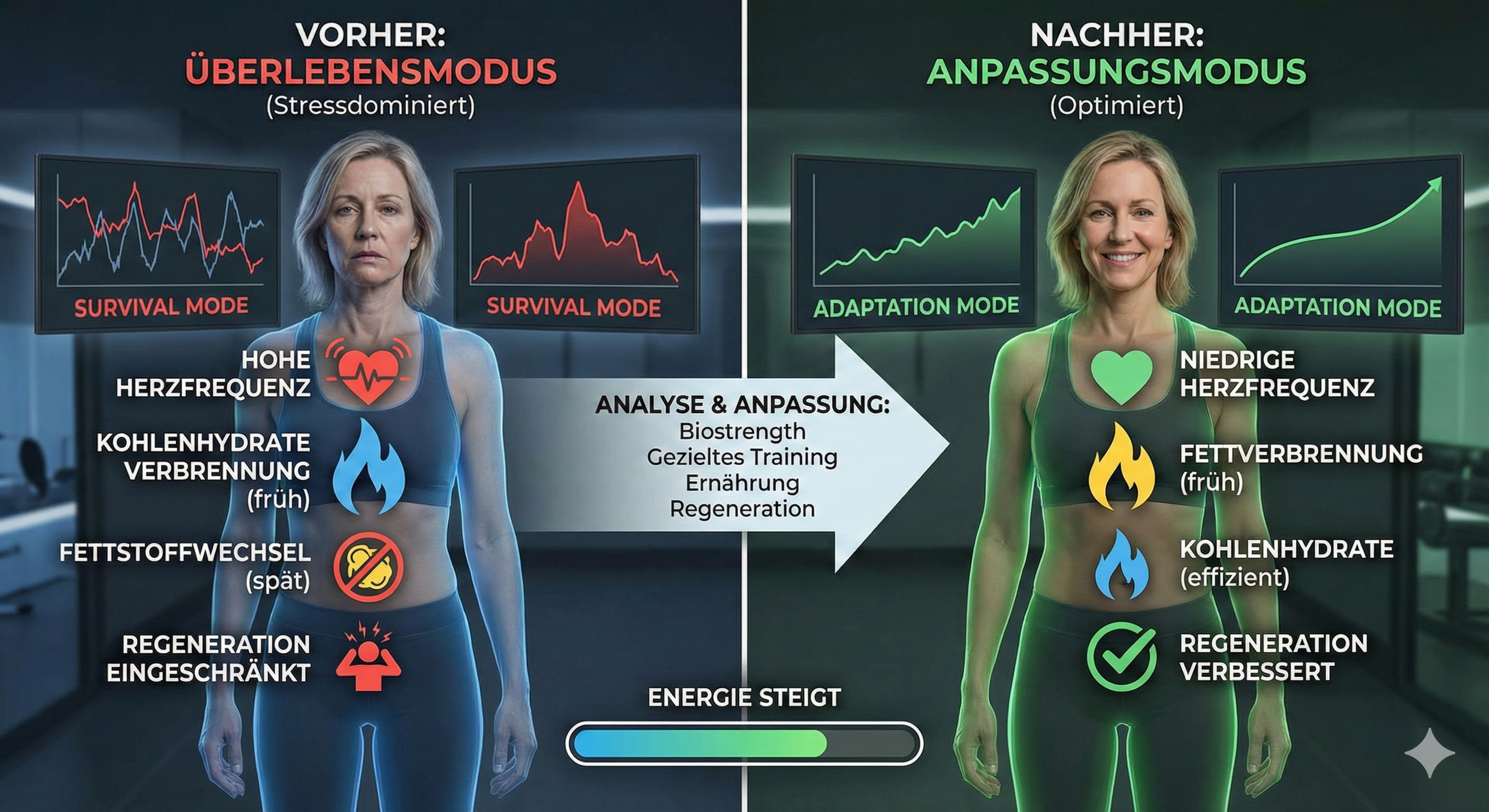 Eine Vorher-nachher-Fitness-Infografik zeigt eine Sportlerin links im Überlebensmodus und rechts im Anpassungsmodus, mit roten und grünen Diagrammen zu Herzfrequenz sowie Symbolen für Kohlenhydrat- und Fettverbrennung, Regeneration, Analyse, Training und Ernährung; ein Energiebalken unten veranschaulicht den Anstieg.