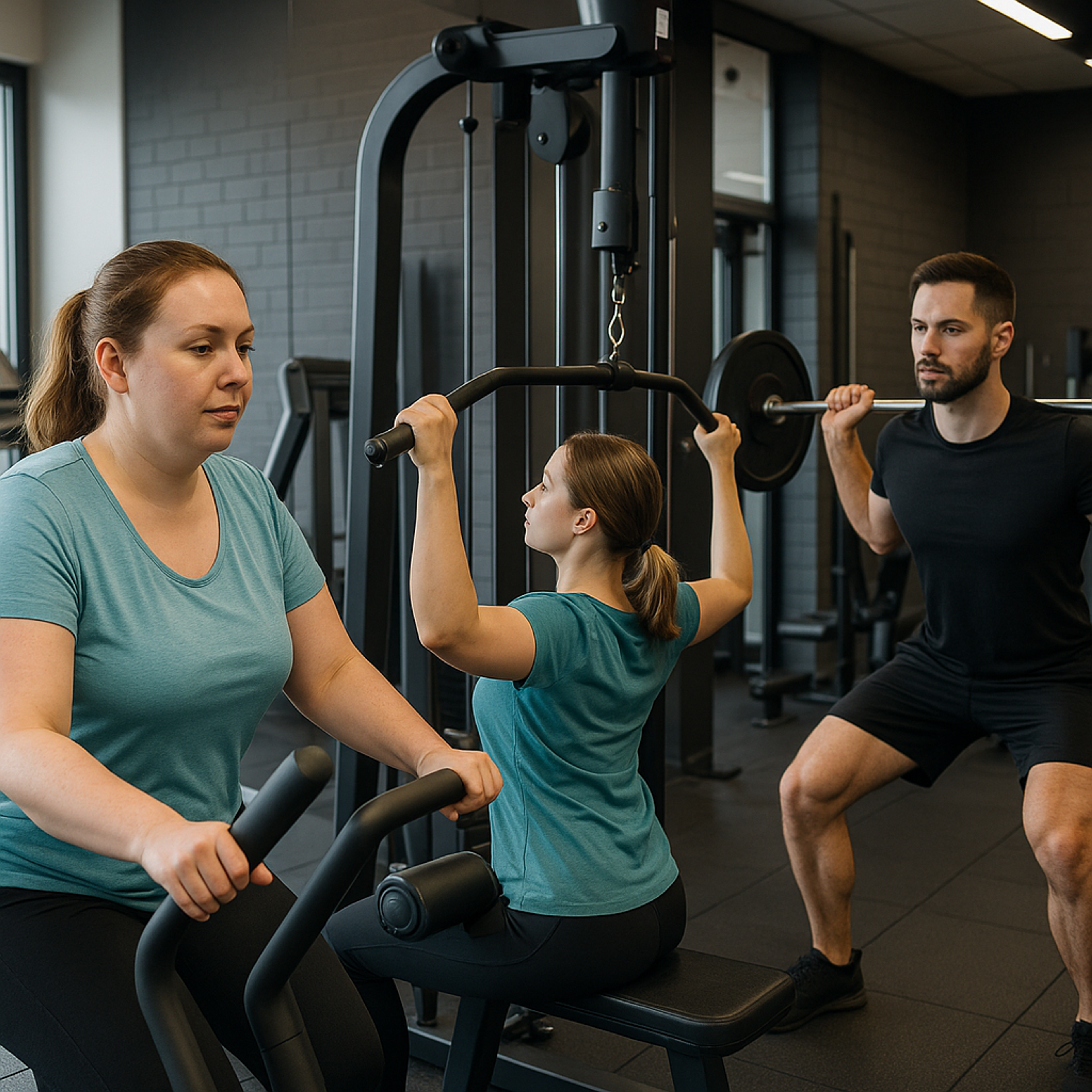 Drei Personen in einem Trierer Gym: eine beim Intervalltraining (Abnehmen), eine bei Rückenübungen, eine beim Langhanteltraining