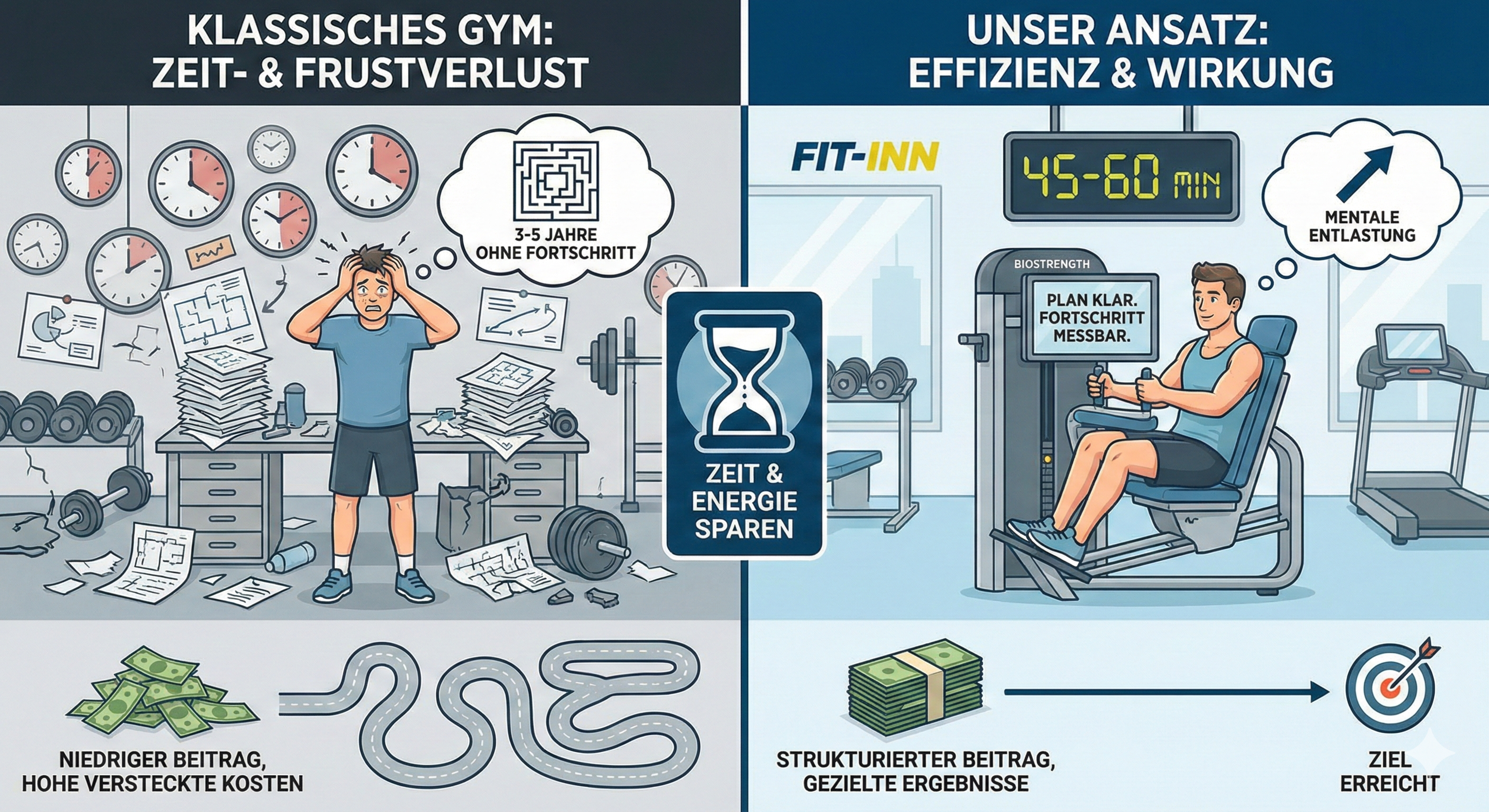 Illustration einer Gegenüberstellung: Links ein chaotisches klassisches Fitnessstudio mit gestresstem Mann, vielen Uhren, Papierstapeln und Gewichten; rechts ein moderner Trainingsbereich mit Maschine, klarer Plananzeige, 45–60 Min, mentaler Entlastung und Zielerreichung.