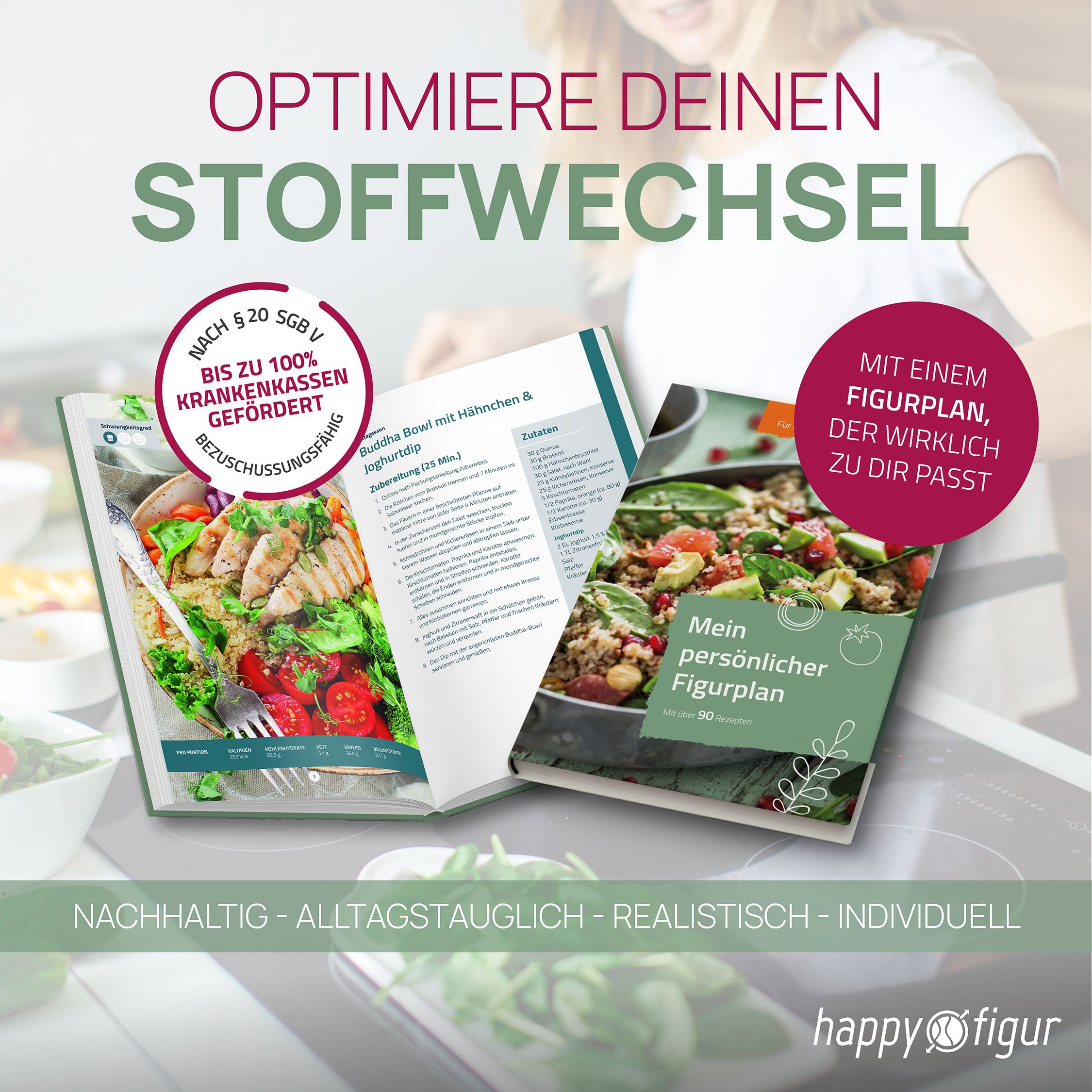 Ein Werbebanner für den 8-Wochen-Ernährungskurs zur Stoffwechseloptimierung von happy figur: eine lächelnde Frau liegt zwischen frischem Obst und Gemüse, daneben Kursunterlagen, ein Smartphone mit Video und ein Kochbuch; grüner Preisstörer mit 179 € und Hinweis auf bis zu 100 % Krankenkassenförderung; Logos von VIACTIV, Die Techniker, Barmer und DAK Gesundheit am unteren Rand; große Headline mit Stoffwechseloptimierung statt Diät.