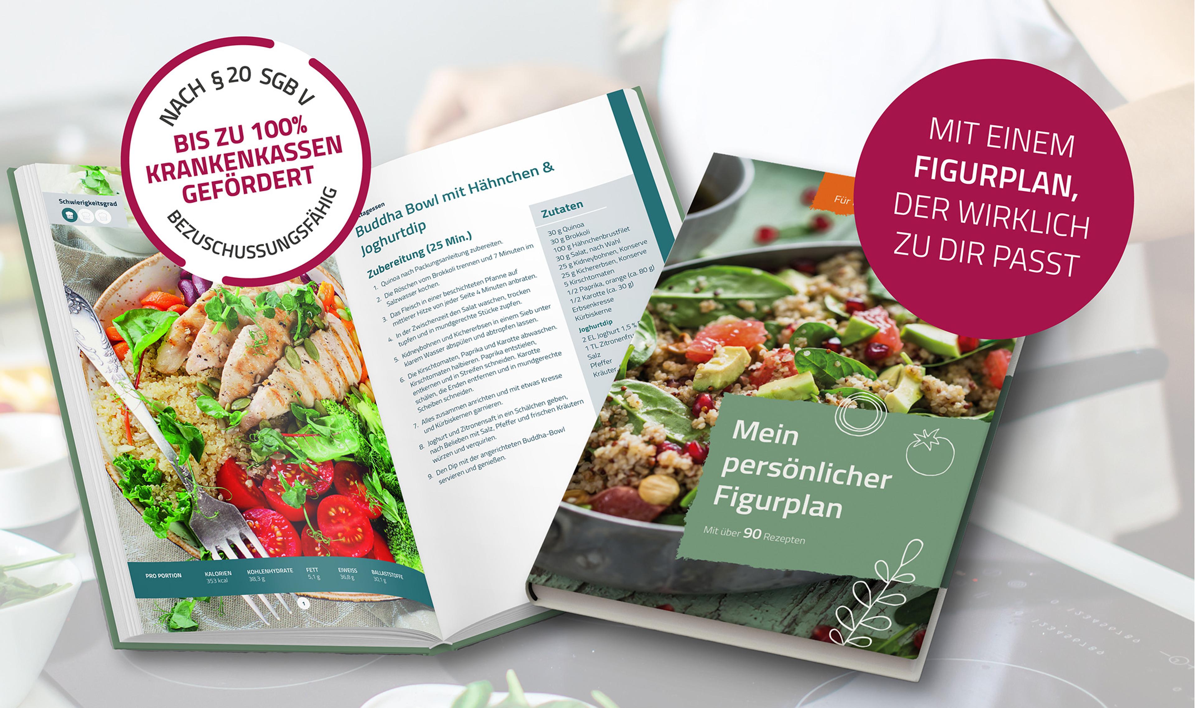 Ein Werbebanner für den 8-Wochen-Ernährungskurs zur Stoffwechseloptimierung von happy figur: eine lächelnde Frau liegt zwischen frischem Obst und Gemüse, daneben Kursunterlagen, ein Smartphone mit Video und ein Kochbuch; grüner Preisstörer mit 179 € und Hinweis auf bis zu 100 % Krankenkassenförderung; Logos von VIACTIV, Die Techniker, Barmer und DAK Gesundheit am unteren Rand; große Headline mit Stoffwechseloptimierung statt Diät.