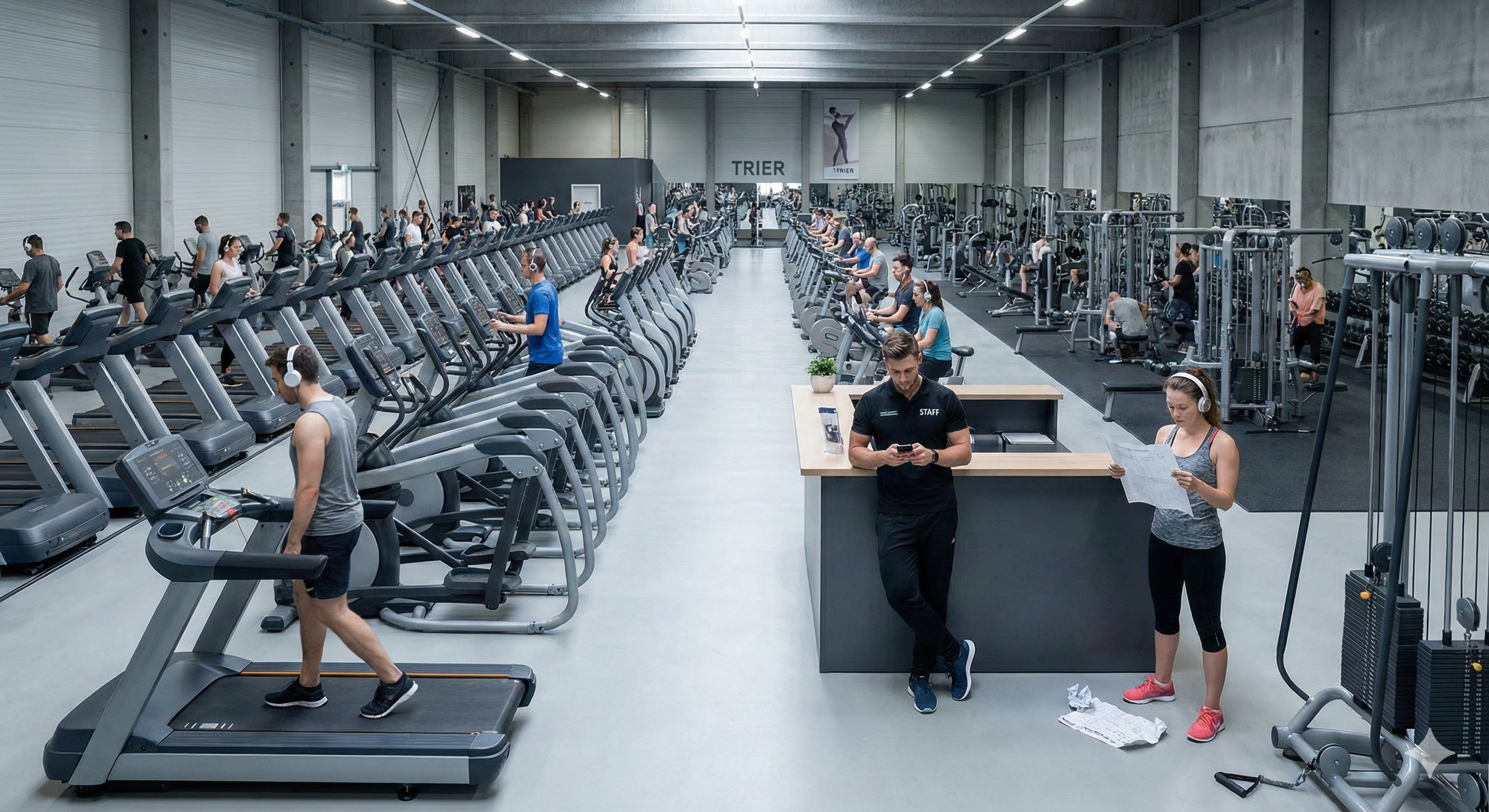 Ein weitläufiges, modernes Fitnessstudio mit langen Reihen von Laufbändern, Crosstrainern und Fahrradergometern; viele Menschen trainieren, während ein Mitarbeiter am Empfangstresen und eine Sportlerin mit Kopfhörern einen Trainingsplan betrachten.