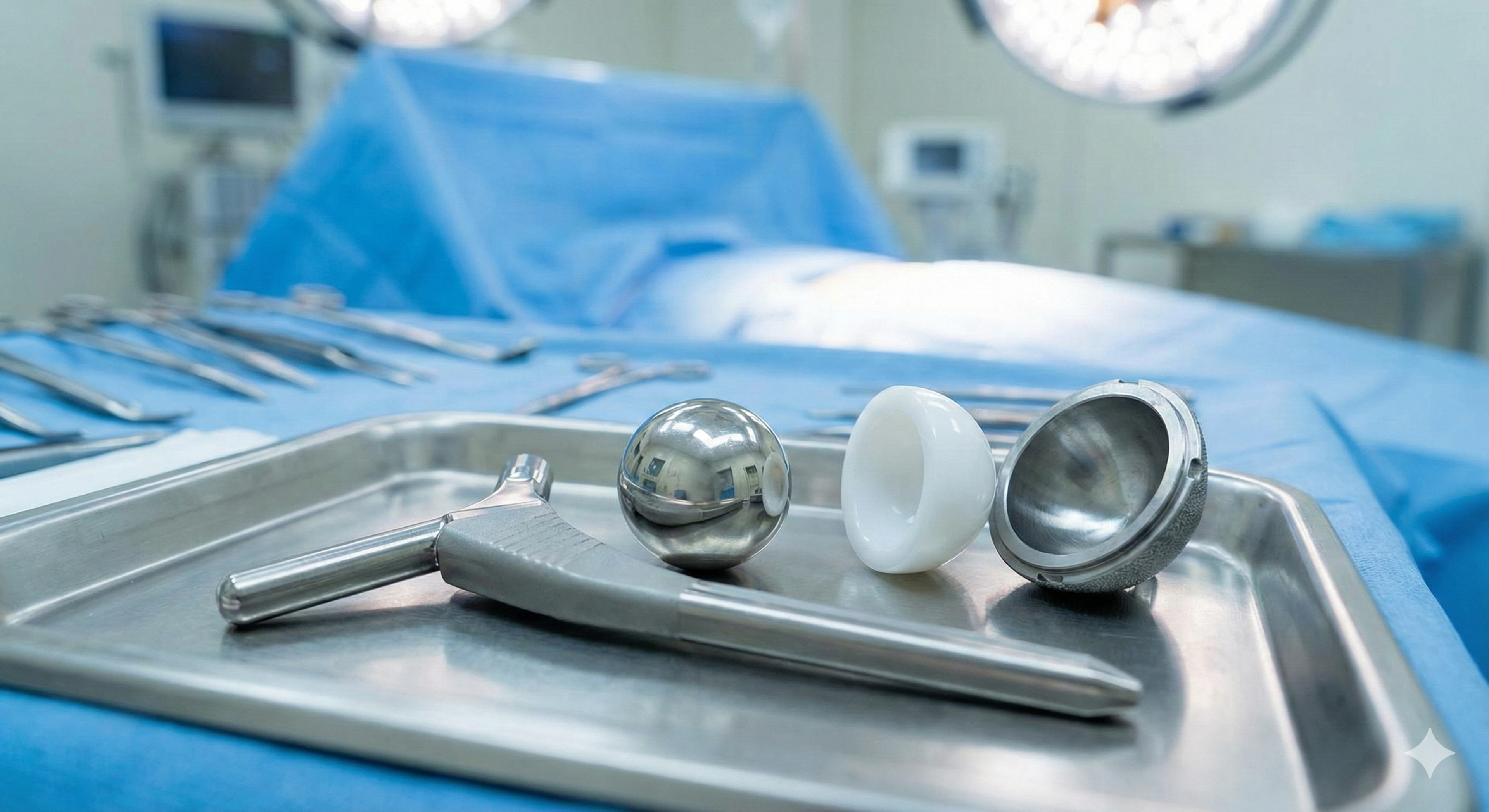 Ein Tablett mit Hüftprothesen-Komponenten (Metallkopf, Kunststoffliner und metallische Pfanne) sowie chirurgischen Instrumenten auf blauem sterilen Tuch im Operationssaal.