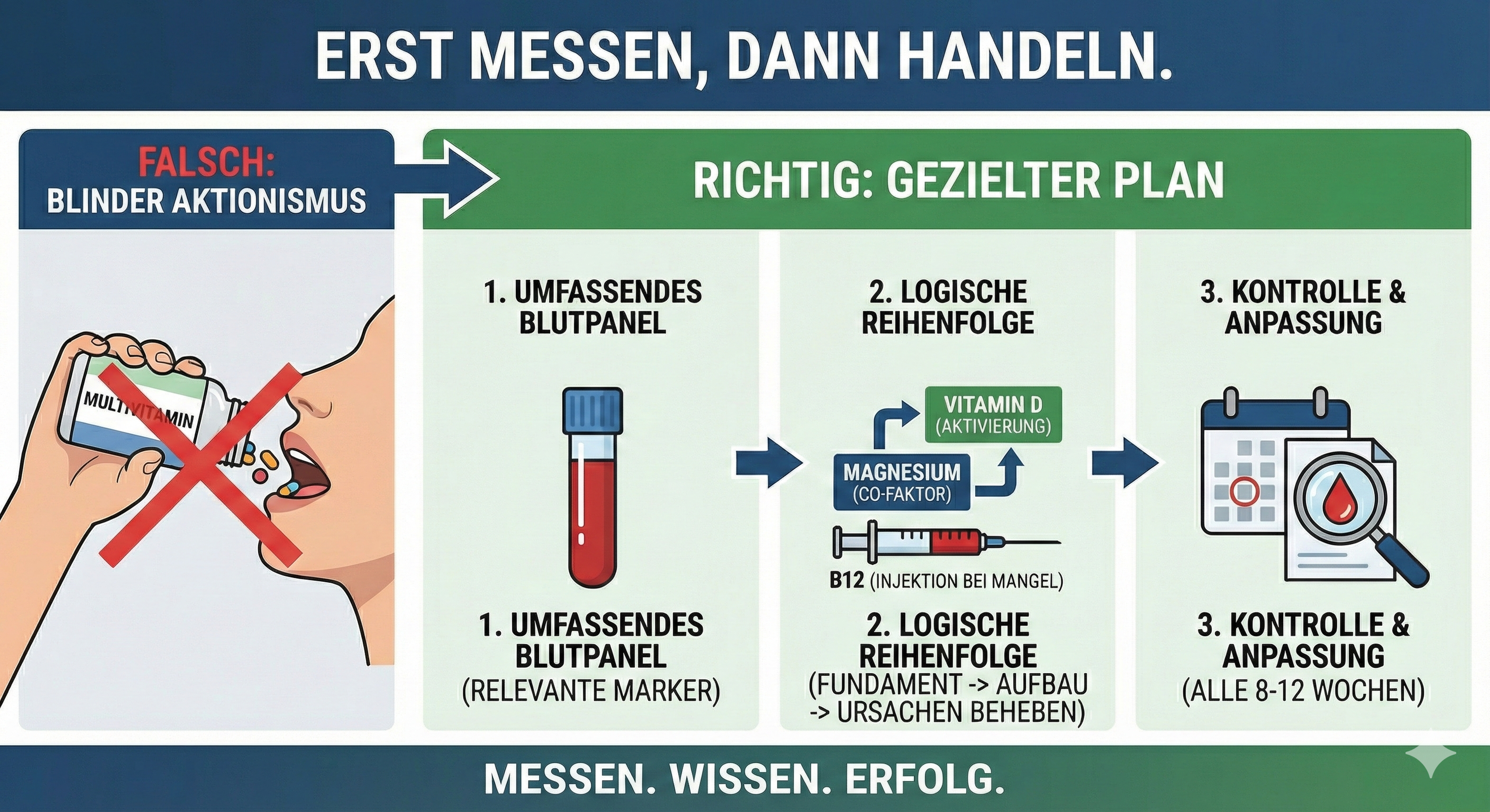Eine deutschsprachige Infografik mit dem Titel „Erst messen, dann handeln“ zeigt links „Falsch: blinder Aktionismus“ (durchgestrichenes Multivitamin-Schlucken) und rechts „Richtig: gezielter Plan“ in drei Schritten: Blutpanel, logische Reihenfolge, Kontrolle.