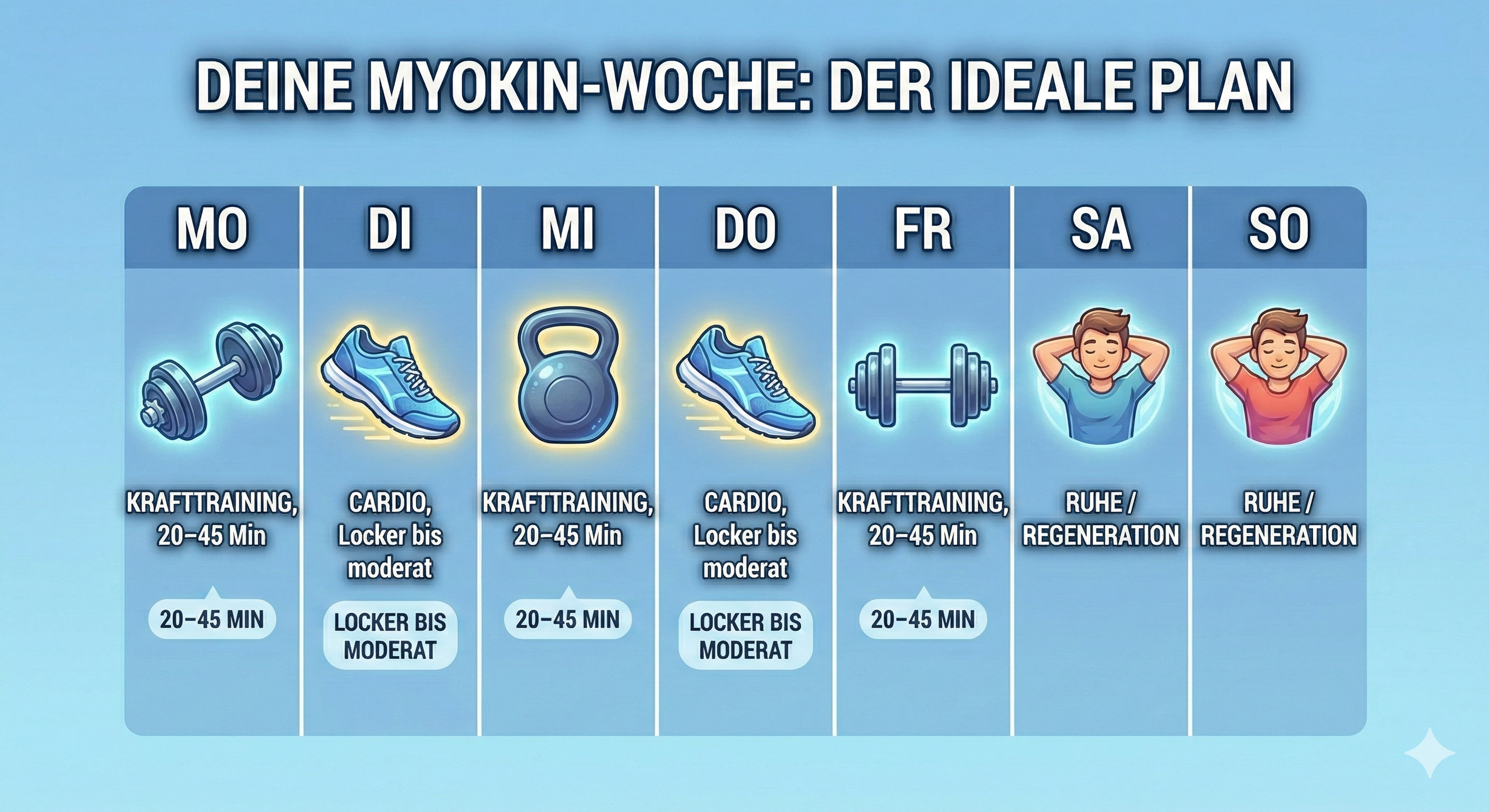 Kalendergrafik: 3 Kraft-Icons, 2 Cardio-Icons pro Woche, mit Mini-Notizen („20–45 Min“, „locker bis moderat“)