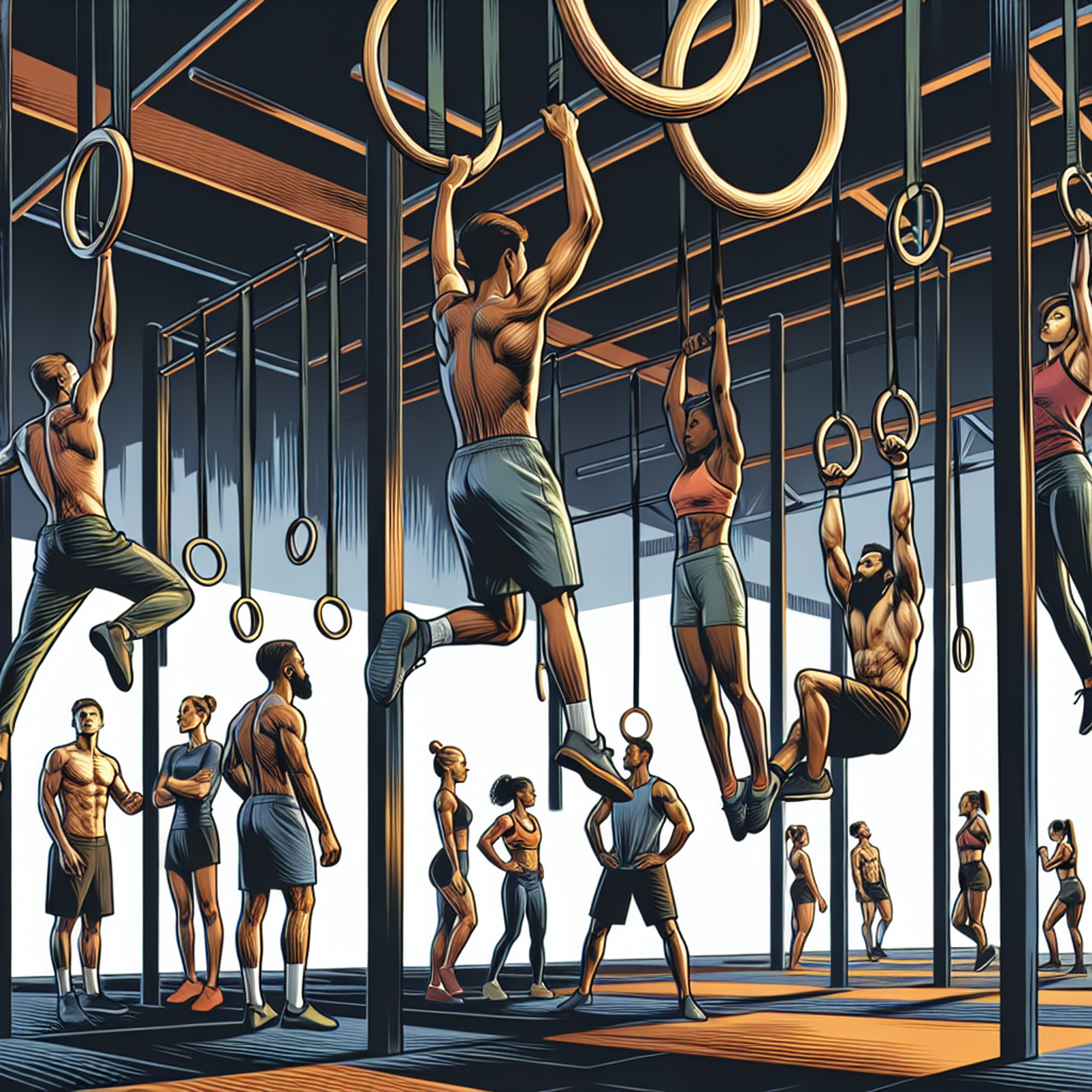 Illustration: Muskelgruppen, die bei Ring-Übungen aktiviert werden, hervorgehoben an einem Körperdiagramm