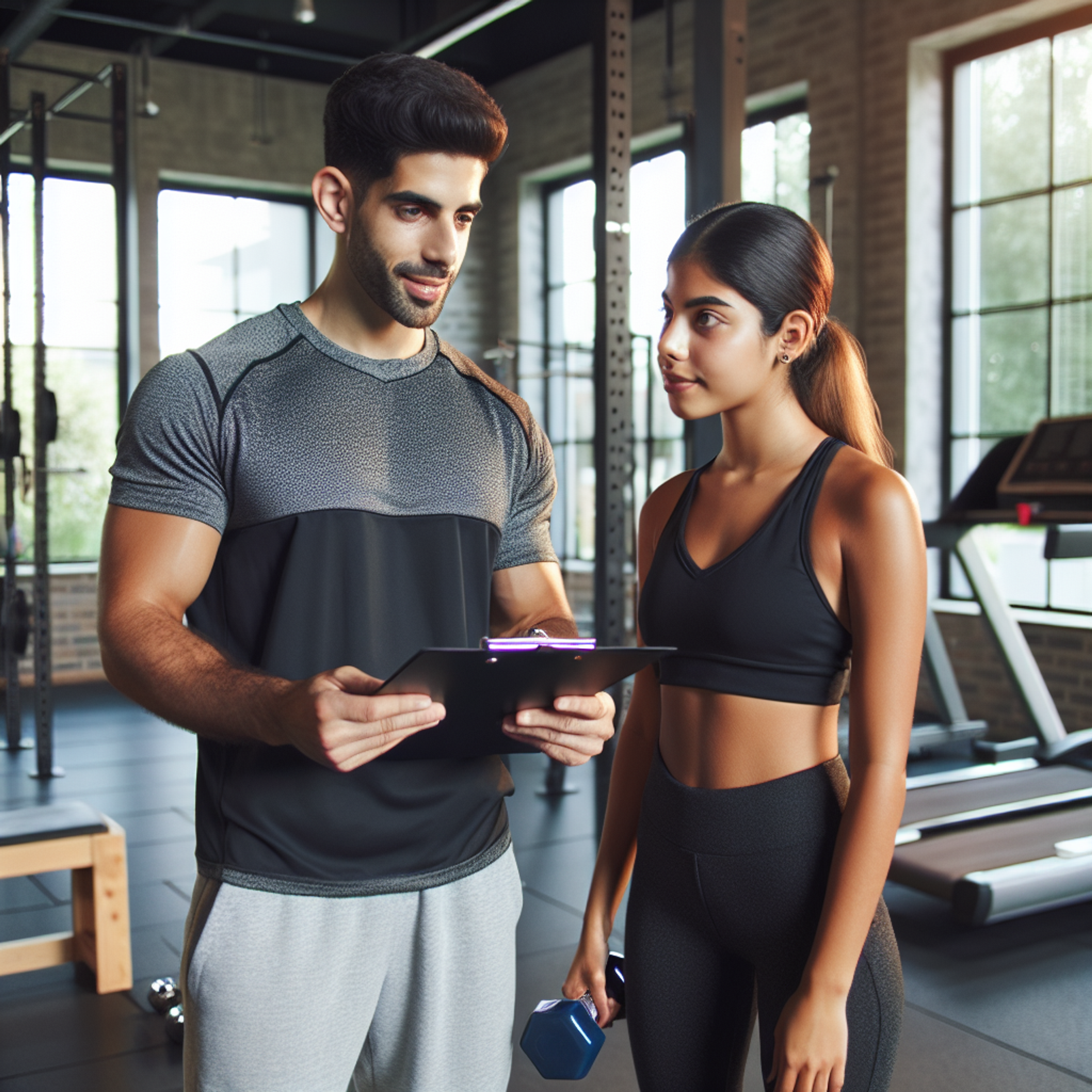 Ein Mann hält ein Klemmbrett und bespricht Trainingsdetails mit einer Frau in Sportbekleidung, die eine blaue Kurzhantel hält, in einem hellen Fitnessstudio.