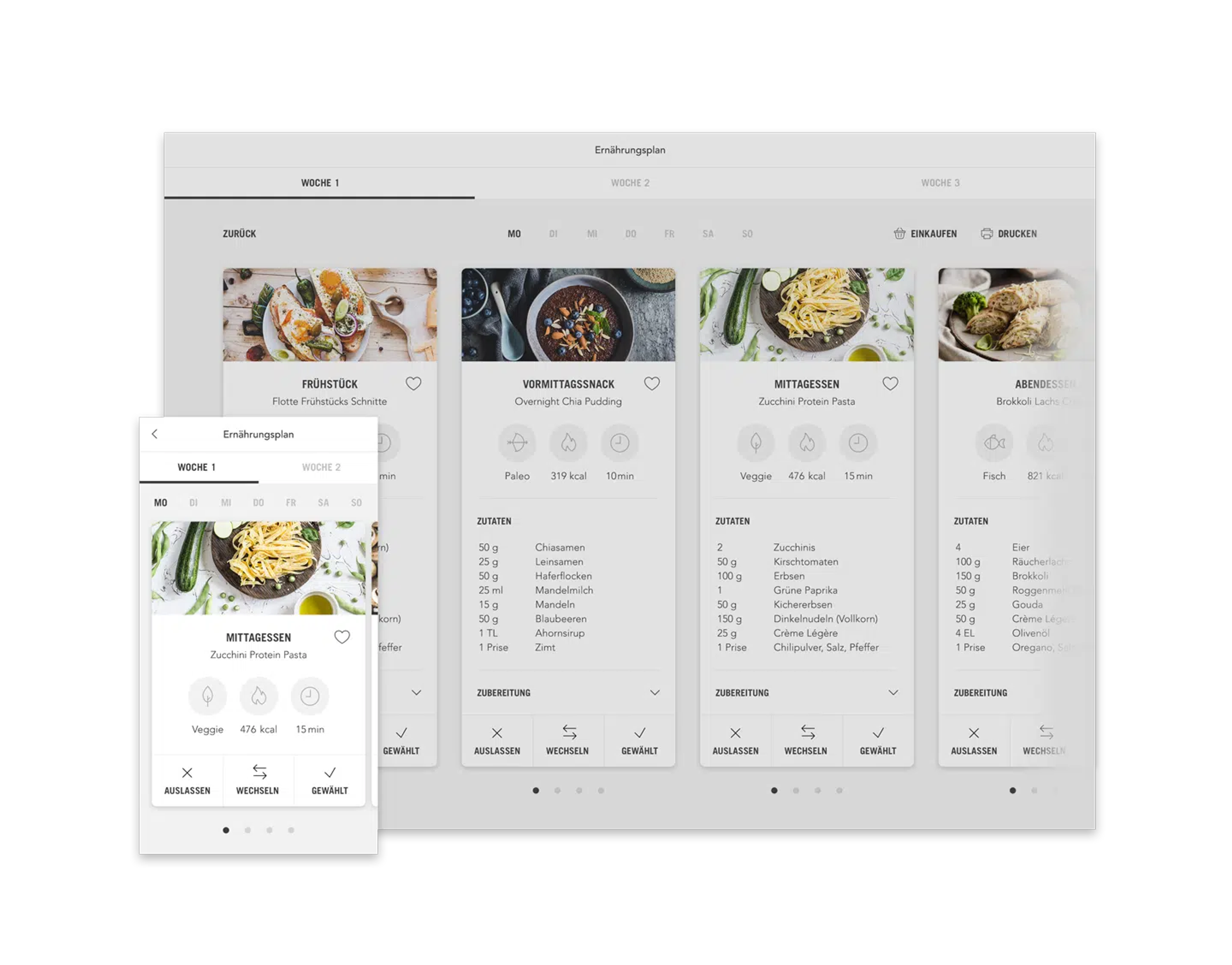Digitale Ernährungsplan App mit detaillierter Wochenübersicht und Rezeptvorschlägen