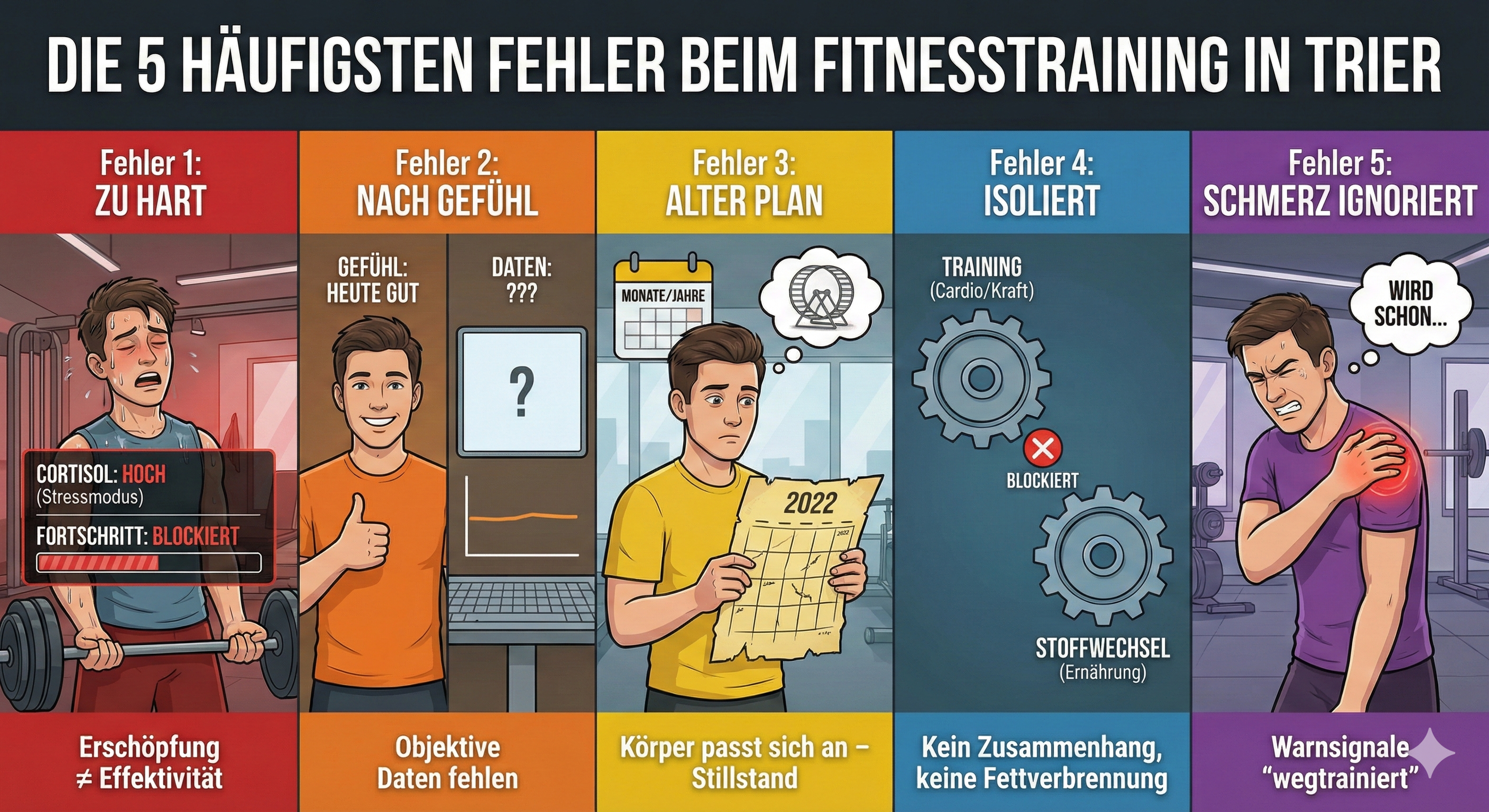 Eine deutschsprachige Infografik listet die 5 häufigsten Fehler beim Fitnesstraining in Trier: 1) Zu hart – schweißnasser Athlet, Hinweise „Cortisol: hoch“ und „Fortschritt: blockiert“; 2) Nach Gefühl – Sportler mit Daumen hoch vor Monitor mit Fragezeichen, „Objektive Daten fehlen“; 3) Alter Plan – Mann mit Kalender „2022“, „Körper passt sich an – Stillstand“; 4) Isoliert – Zahnräder für Training und Stoffwechsel mit rotem X, „Kein Zusammenhang, keine Fettverbrennung“; 5) Schmerz ignoriert – Mann hält schmerzende Schulter, Sprechblase „Wird schon…“, „Warnsignale wegtrainiert“.