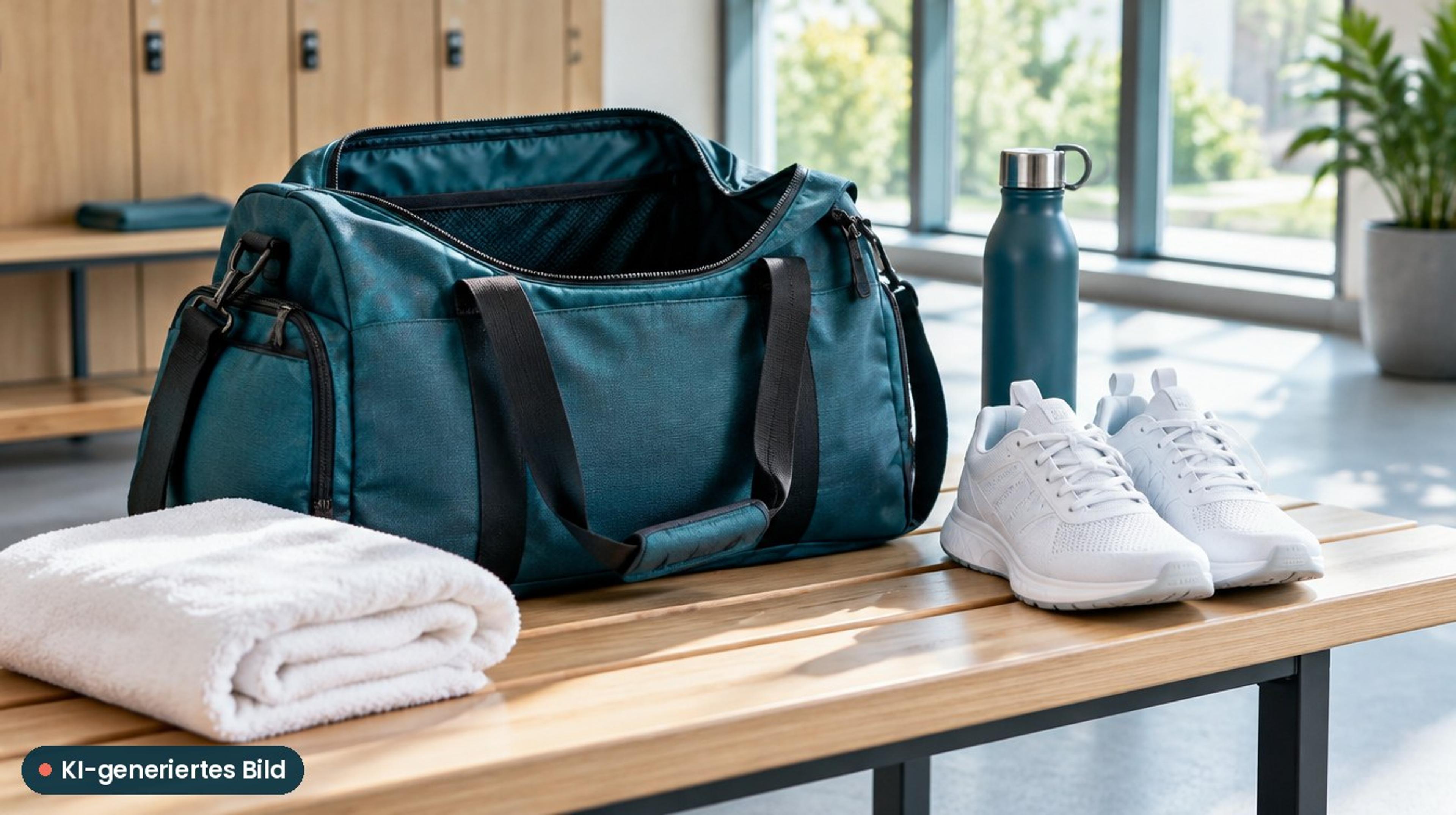 KI-generiertes Bild: Sporttasche mit Handtuch, sauberen Sneakern und Trinkflasche auf einer hellen Bank im Studio – Probetraining Checkliste