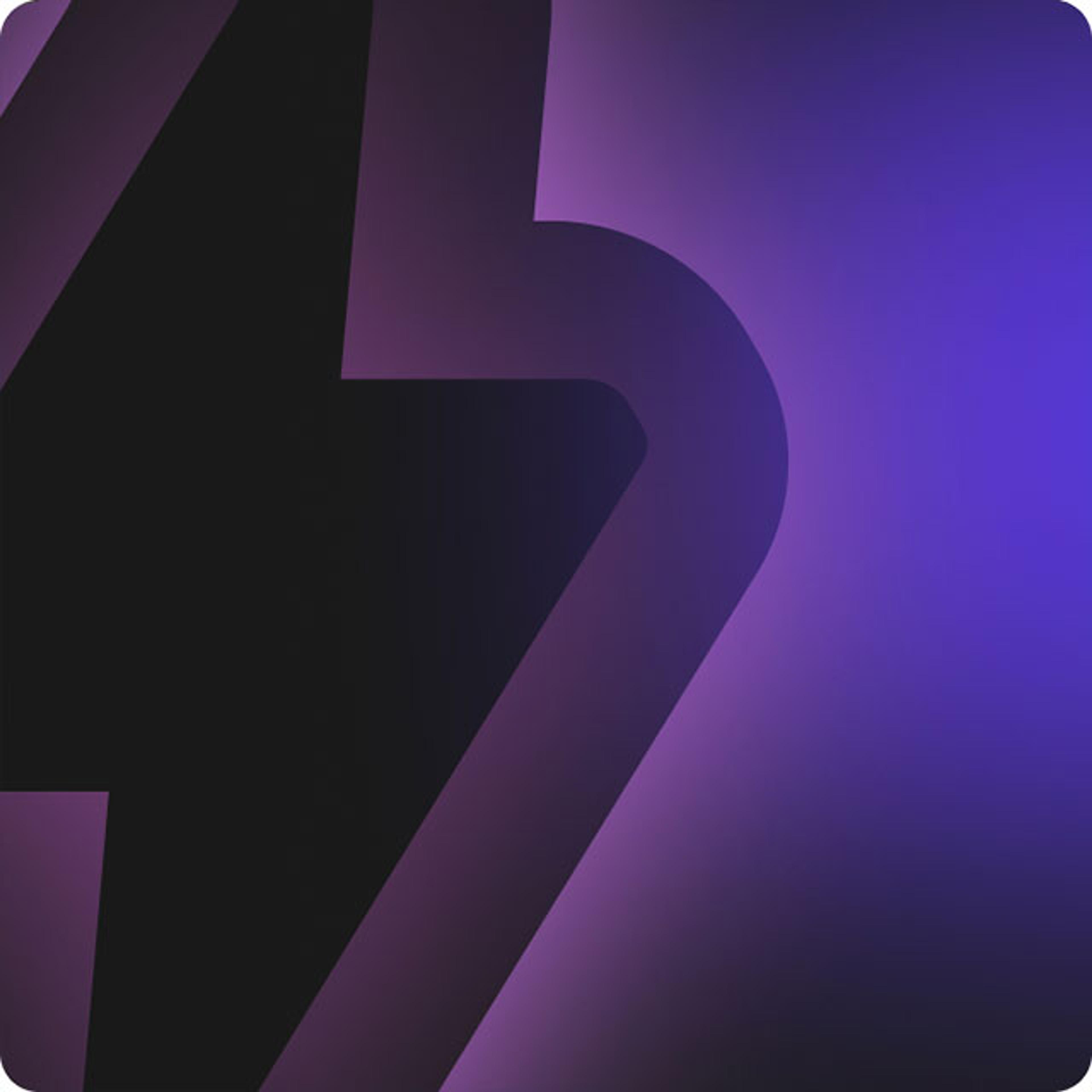 Ein abstraktes Blitz-Symbol in dunklen Lila- und Schwarztönen auf einem Farbverlauf-Hintergrund