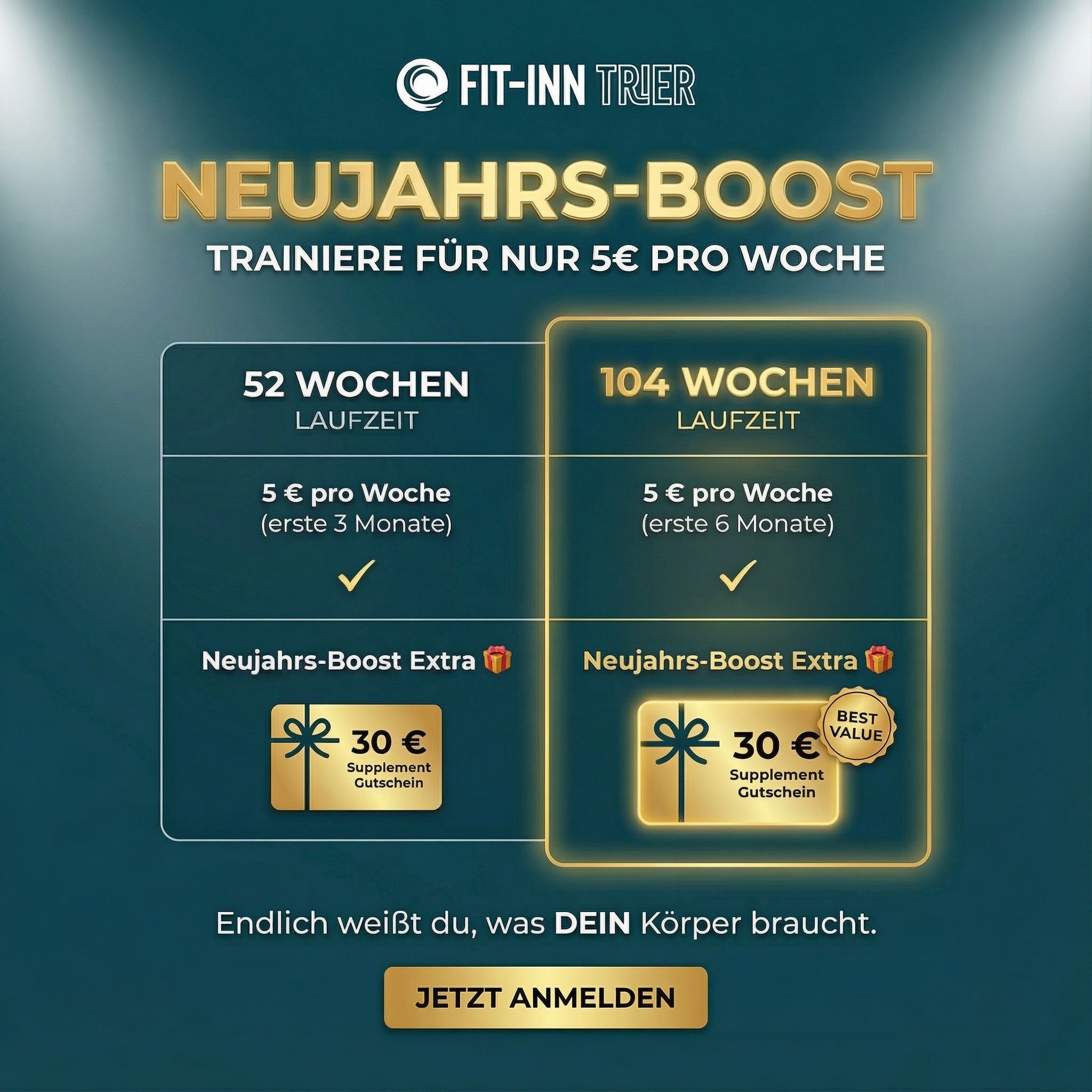 Eine athletische Frau in schwarzer Sportkleidung springt vor einem weißen Spiralmotiv; darüber große Schriftzüge mit dem Text ‚BLACK WEEK Deal‘ und dem Hinweis ‚50% Rabatt & Ernährungsplan on top*‘.