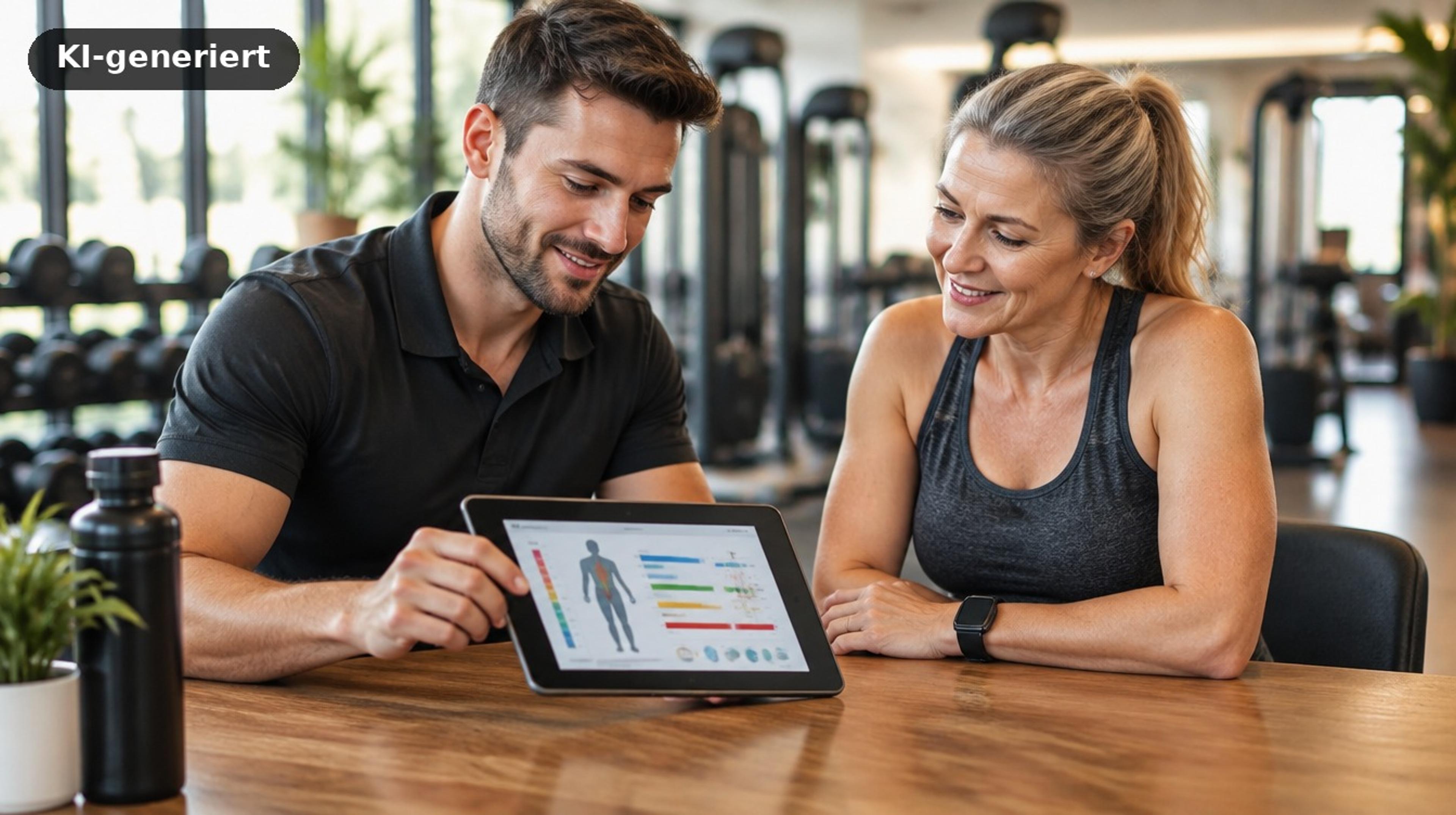 Trainer bespricht mit einem Mitglied die Körperanalyse im Fit-Inn Trier