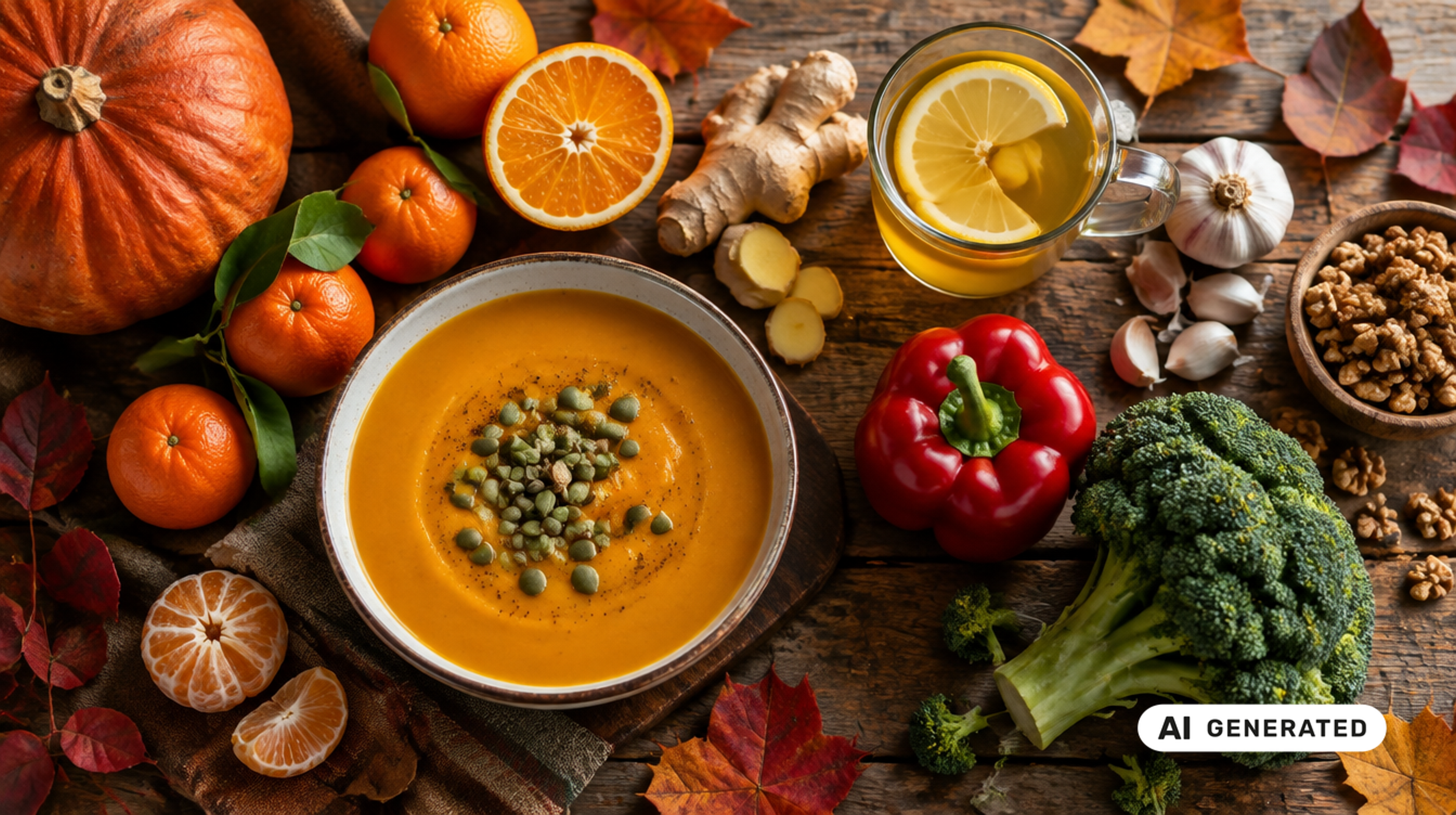 KI-generiertes Bild: Herbstliche Immun-Lebensmittel wie Kürbissuppe, Zitrusfrüchte, Ingwer, Nüsse, Brokkoli und Paprika auf einem Holztisch