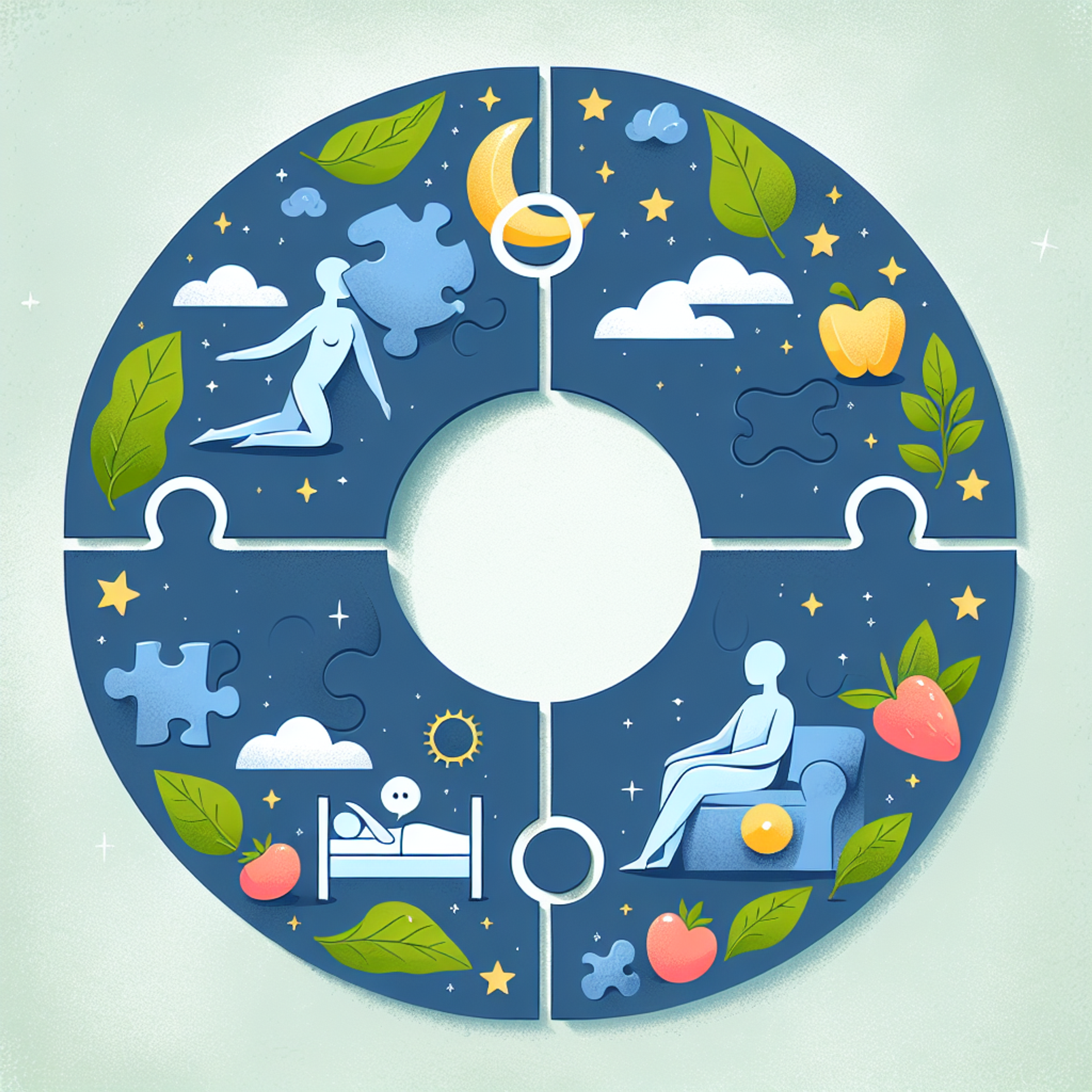 Illustration eines kreisförmigen Puzzles in vier Segmenten mit stilisierten Figuren, Bett- und Sessel-Icon, Mond, Sterne, Wolken, Puzzleteilen, grünen Blättern und verschiedenen Früchten