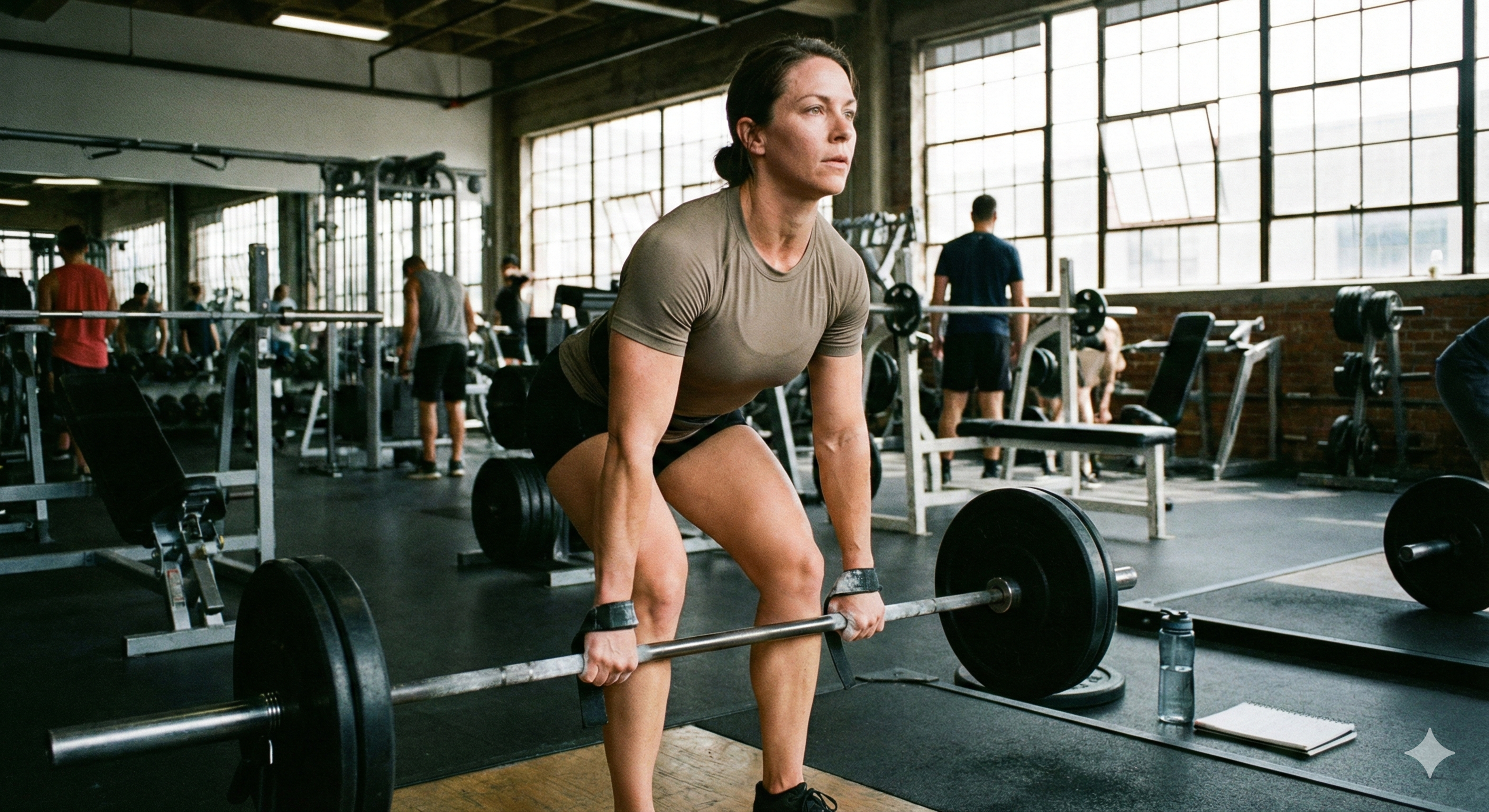 Eine Frau führt Kreuzheben mit einer Langhantel und Gewichtsscheiben in einem hellen Industrie-Fitnessstudio aus