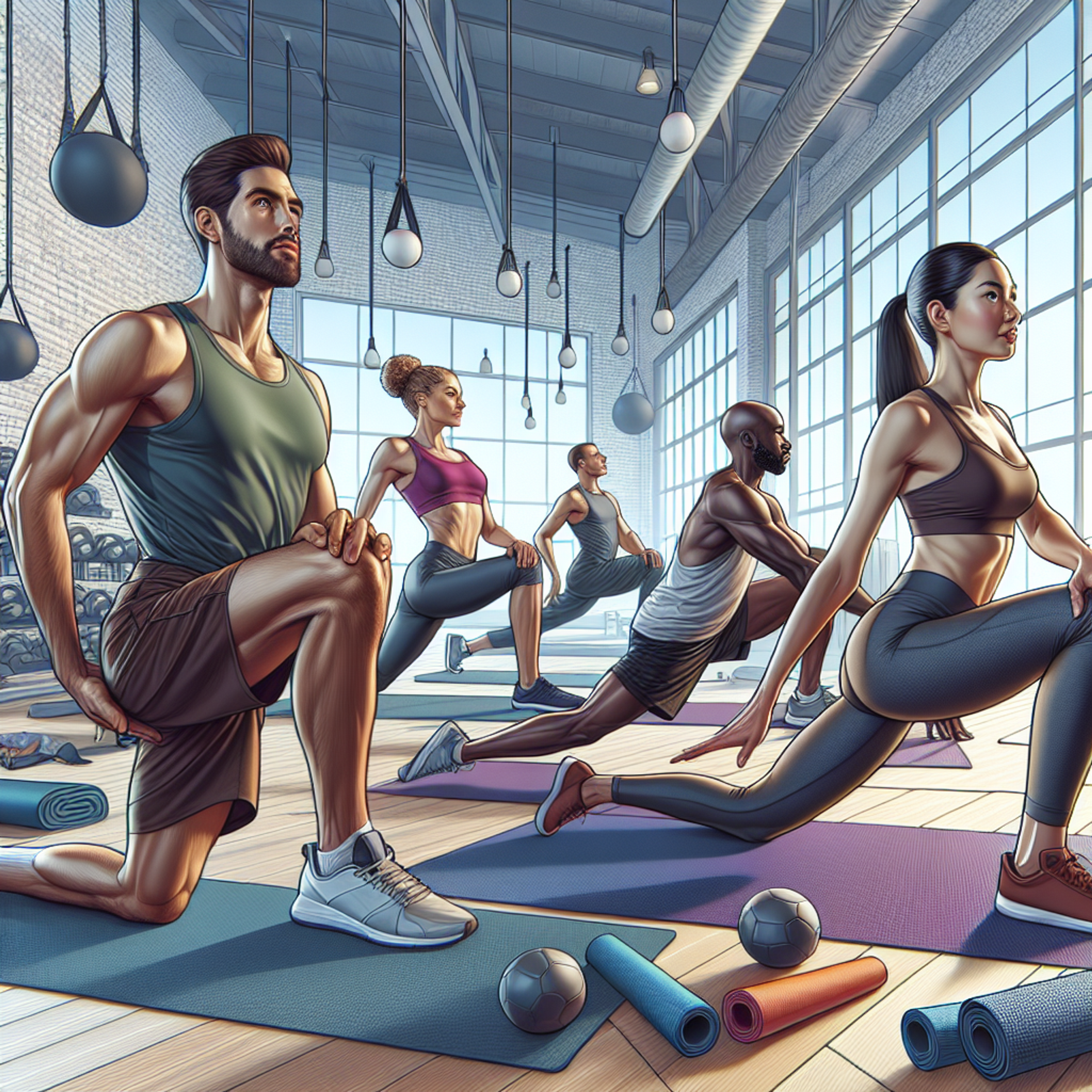 Eine Gruppe von fünf Personen führt Ausfallschritte auf Yogamatten in einem hellen Fitnessstudio mit großen Fensterfronten, Hängelampen und Trainingszubehör.