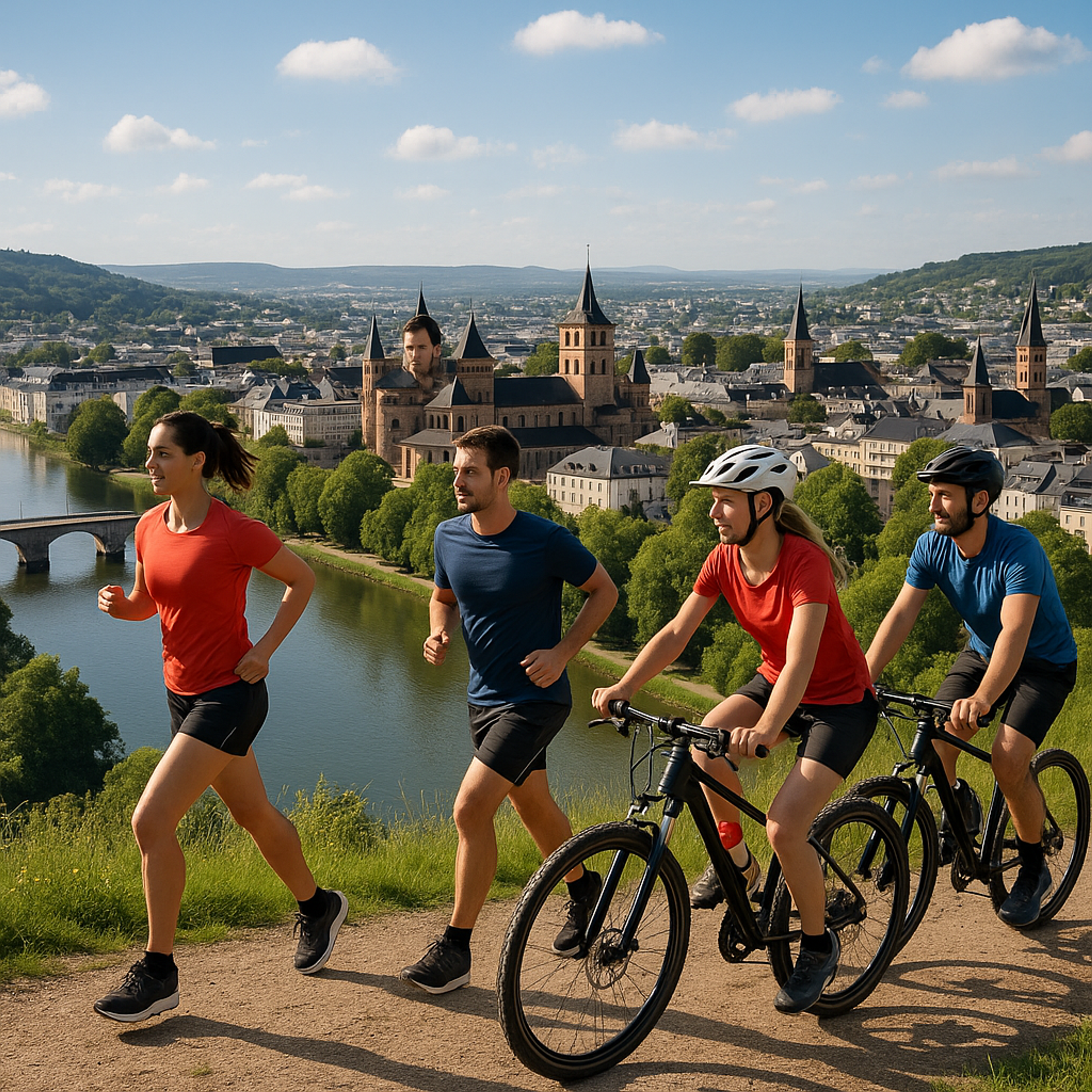 Blick über Trier an der Mosel mit sportlich aktiven Menschen im Vordergrund