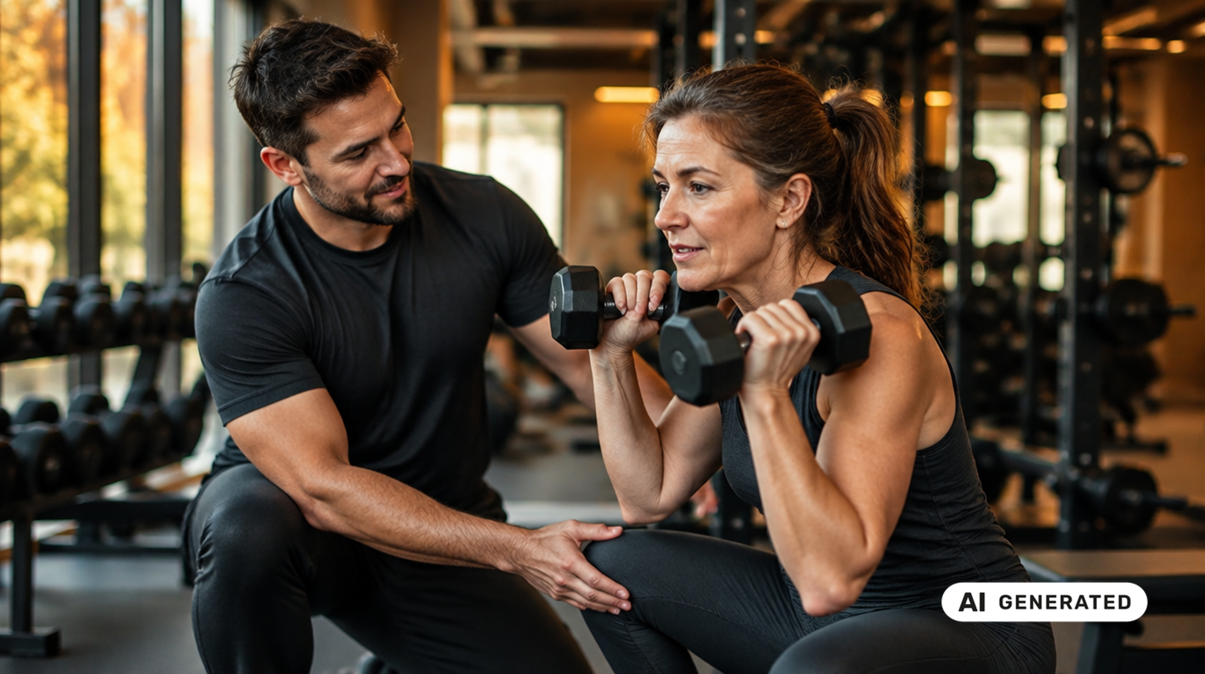 KI-generiertes Bild: Trainer korrigiert die Technik einer Kundin beim Krafttraining