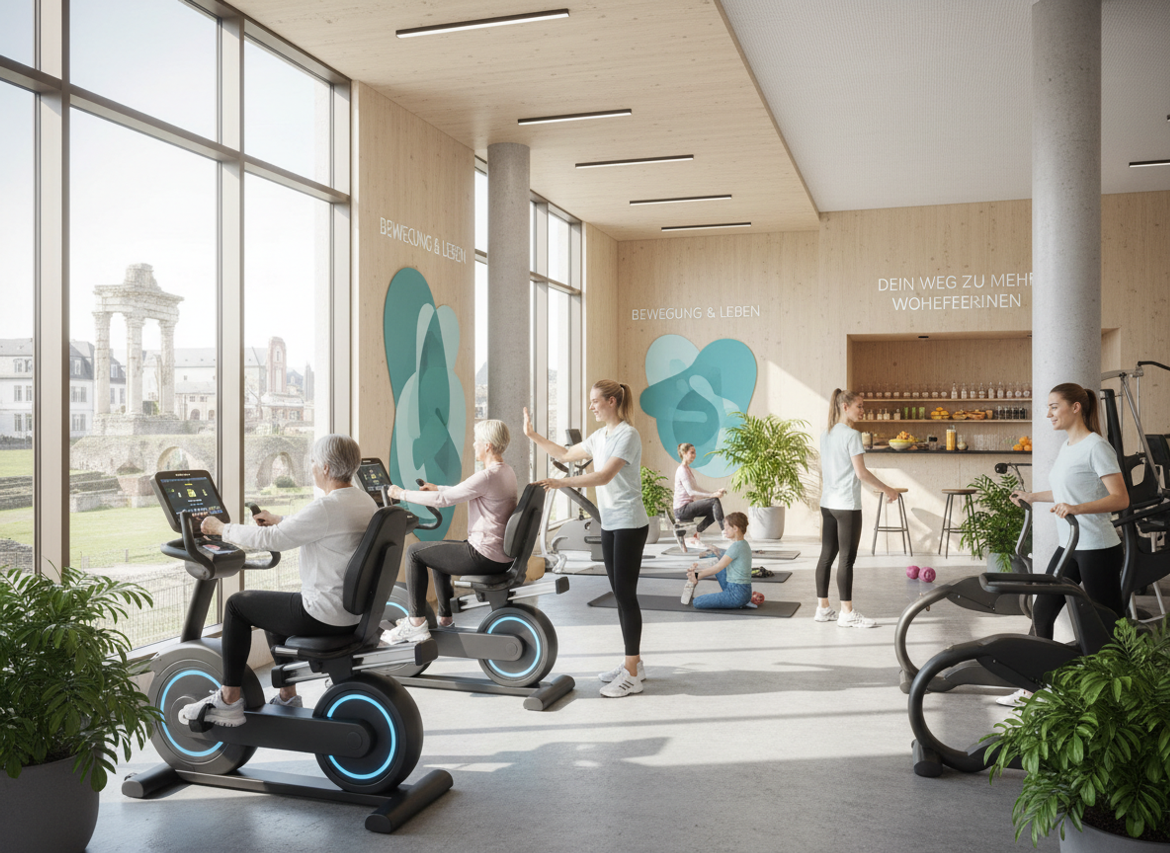 Ein heller Fitnessraum mit mehreren Ergometern, Trainingsmatten, Pflanzen und großer Fensterfront