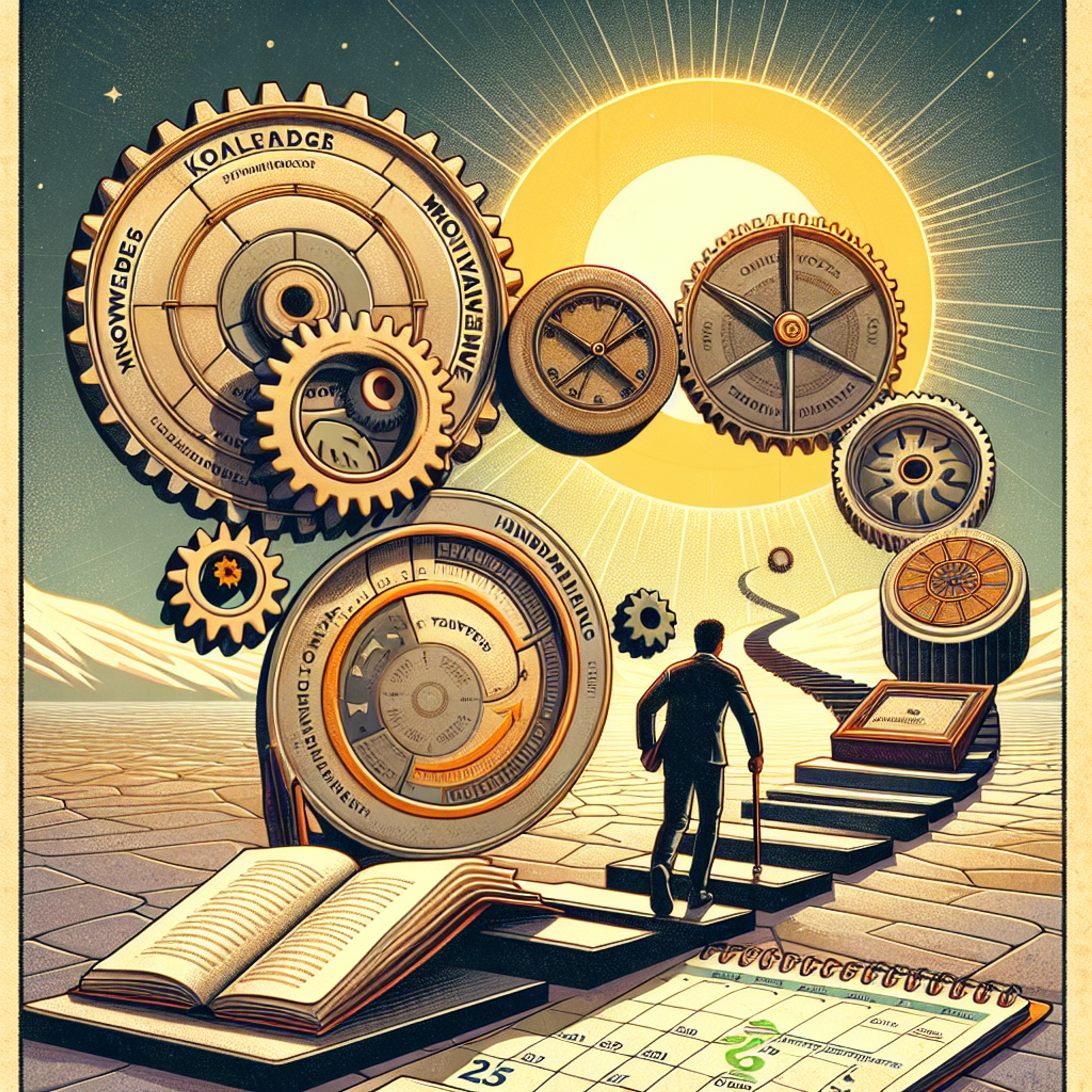 Eine surreale Illustration einer Person, die eine schwebende Treppe aus Stufen und Büchern hinaufsteigt Richtung großer, mechanischer Zahnräder vor einer strahlenden Sonne; im Vordergrund ein aufgeschlagenes Buch und ein Kalenderblatt mit markiertem Datum.