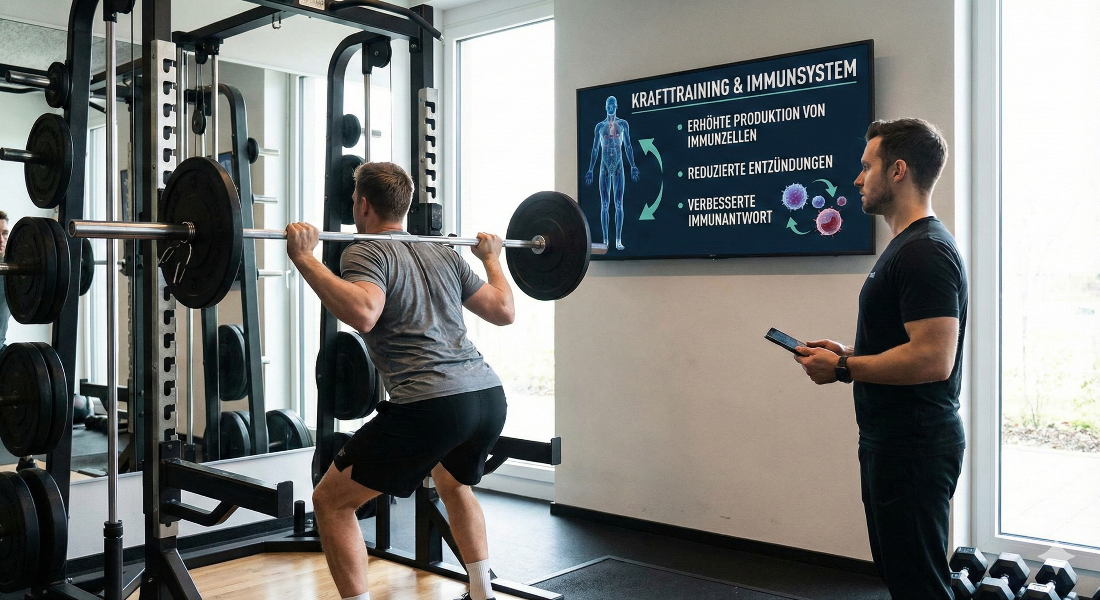 Ein Mann führt eine Langhantel-Kniebeuge in einer Multipresse aus, während ein Trainer mit Tablet danebensteht; im Hintergrund ist ein Bildschirm mit der Überschrift 'Krafttraining & Immunsystem' sichtbar.