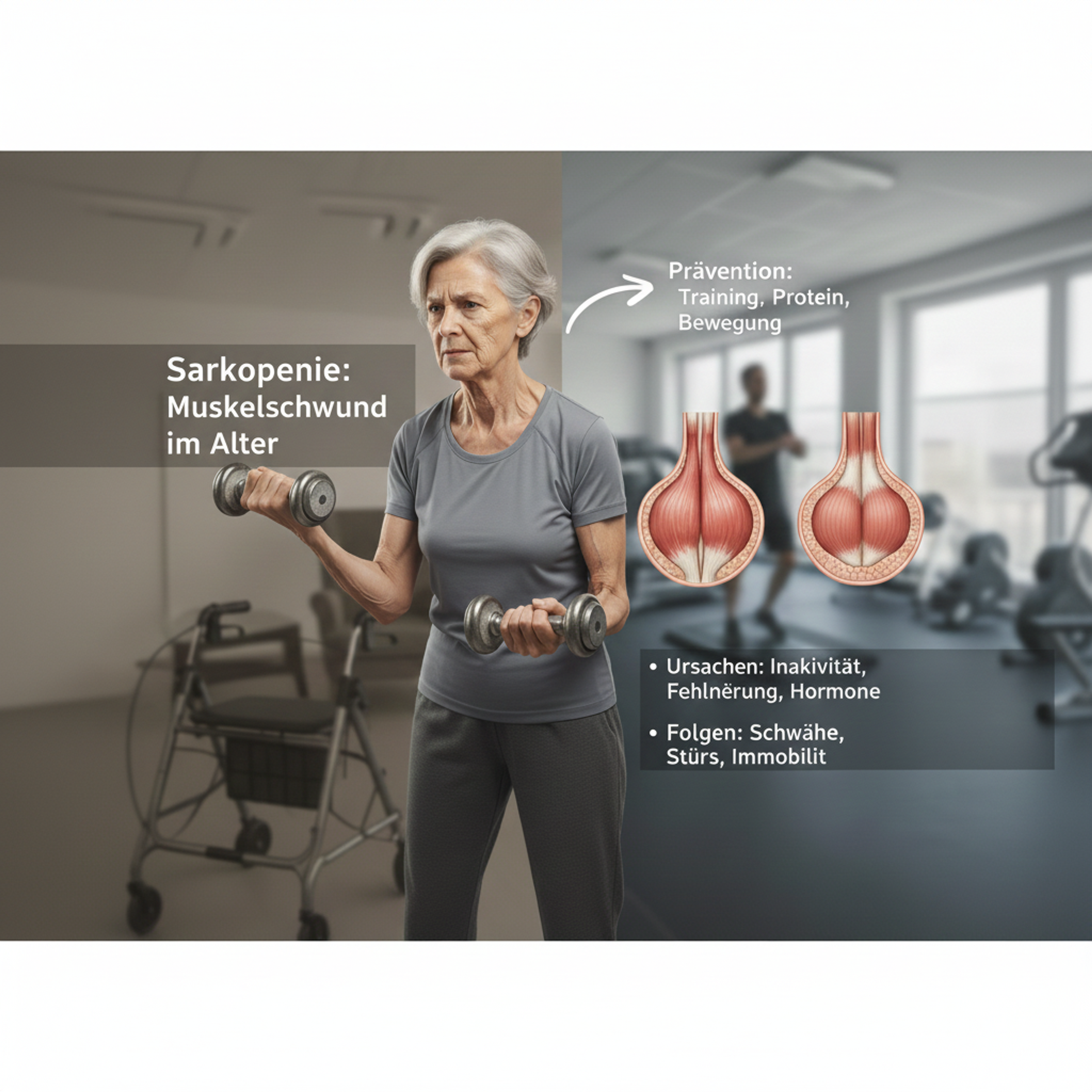 Eine ältere Frau mit grauen Haaren und grauem T‑Shirt hält Hanteln in beiden Händen in einem Fitnessraum; im Hintergrund sind ein Rollator, Trainingsgeräte, eine unscharfe Person und schematische Muskelquerschnitt-Illustrationen sowie Textblöcke zur Prävention und Ursachen von Sarkopenie sichtbar.