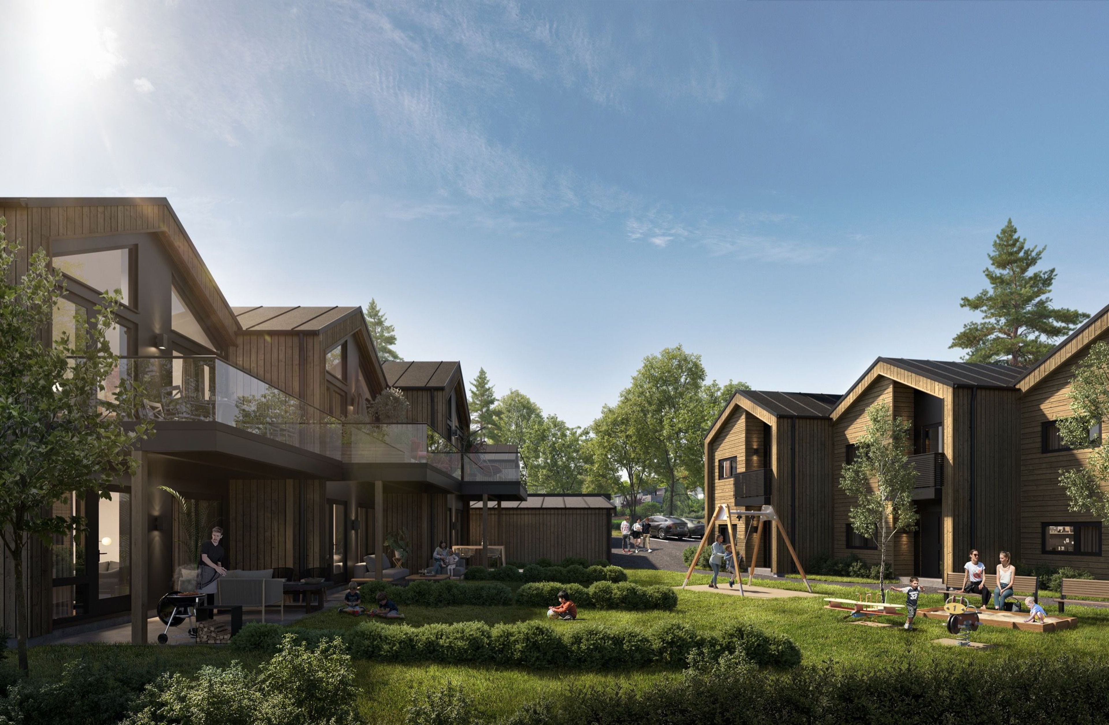 Moderne boligområde i tre med hage, lekeplass og familier utendørs.