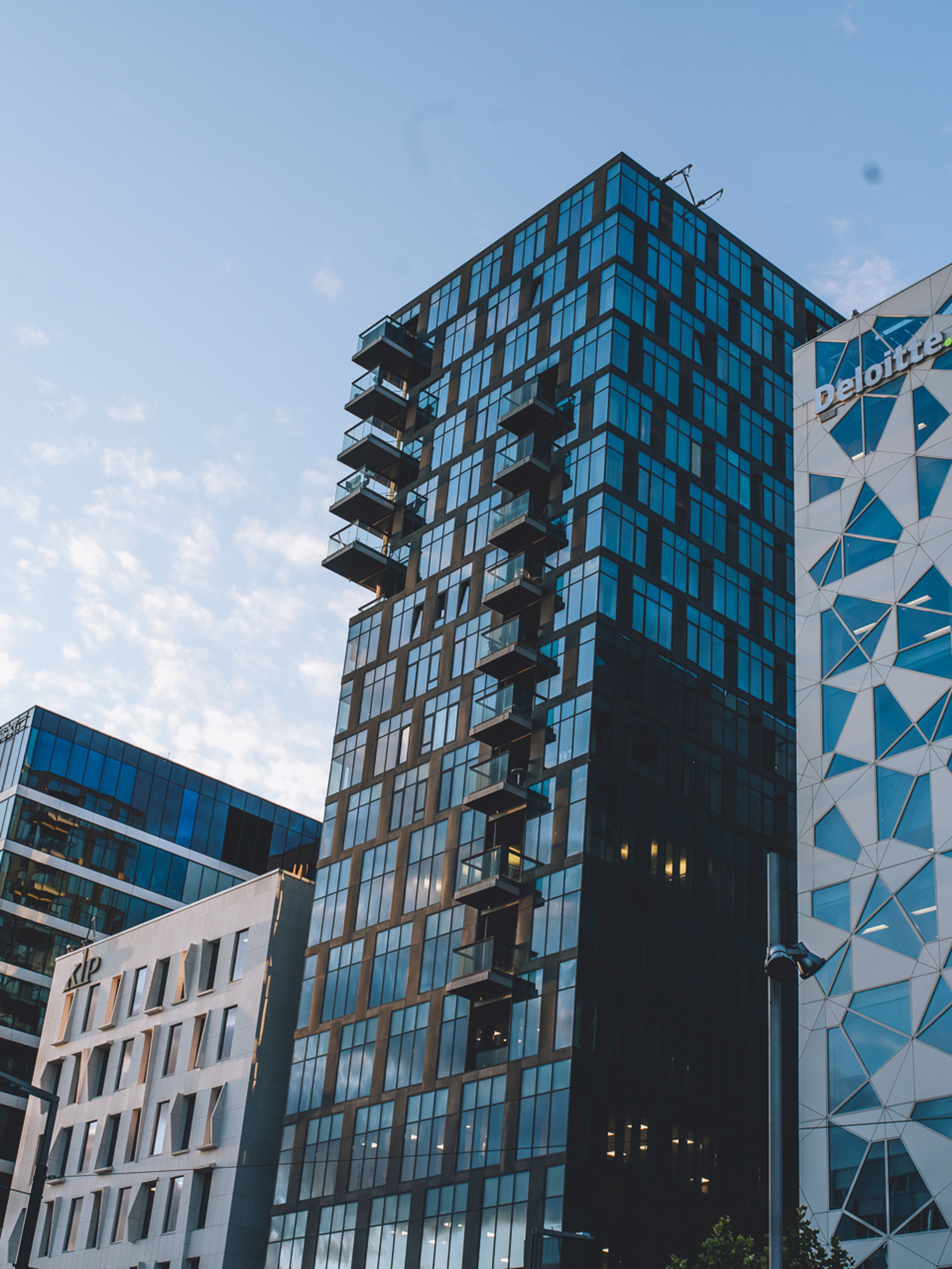 Utsikt nedenfra mot en samling høyhus i byen, blant annet et mørkt glasstårn, bygningen «KLP» og Deloitte-bygget med trekantmønstret fasade, med et tre i hjørnet av forgrunnen.