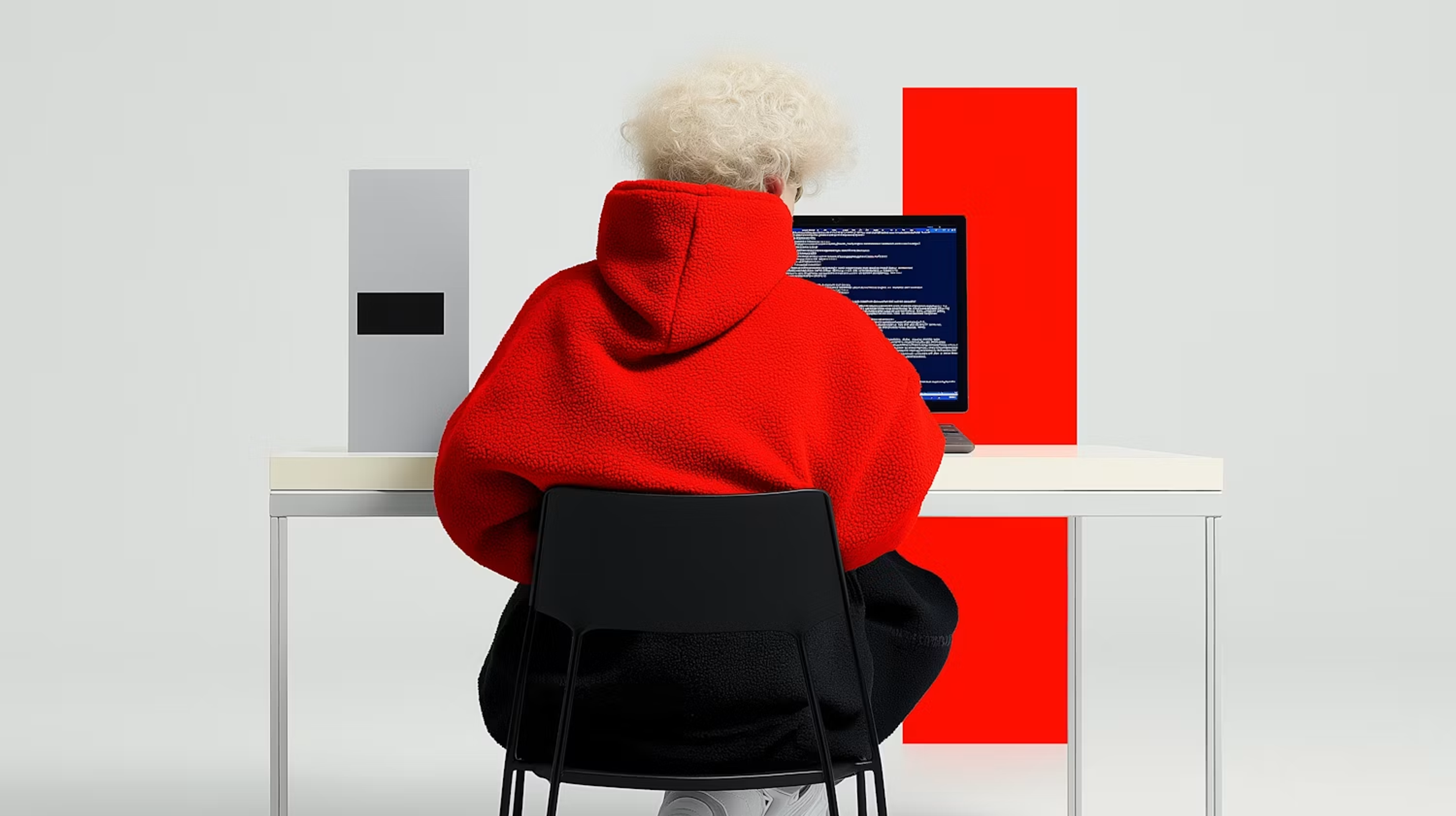 Developer in a red hoodie at a desk