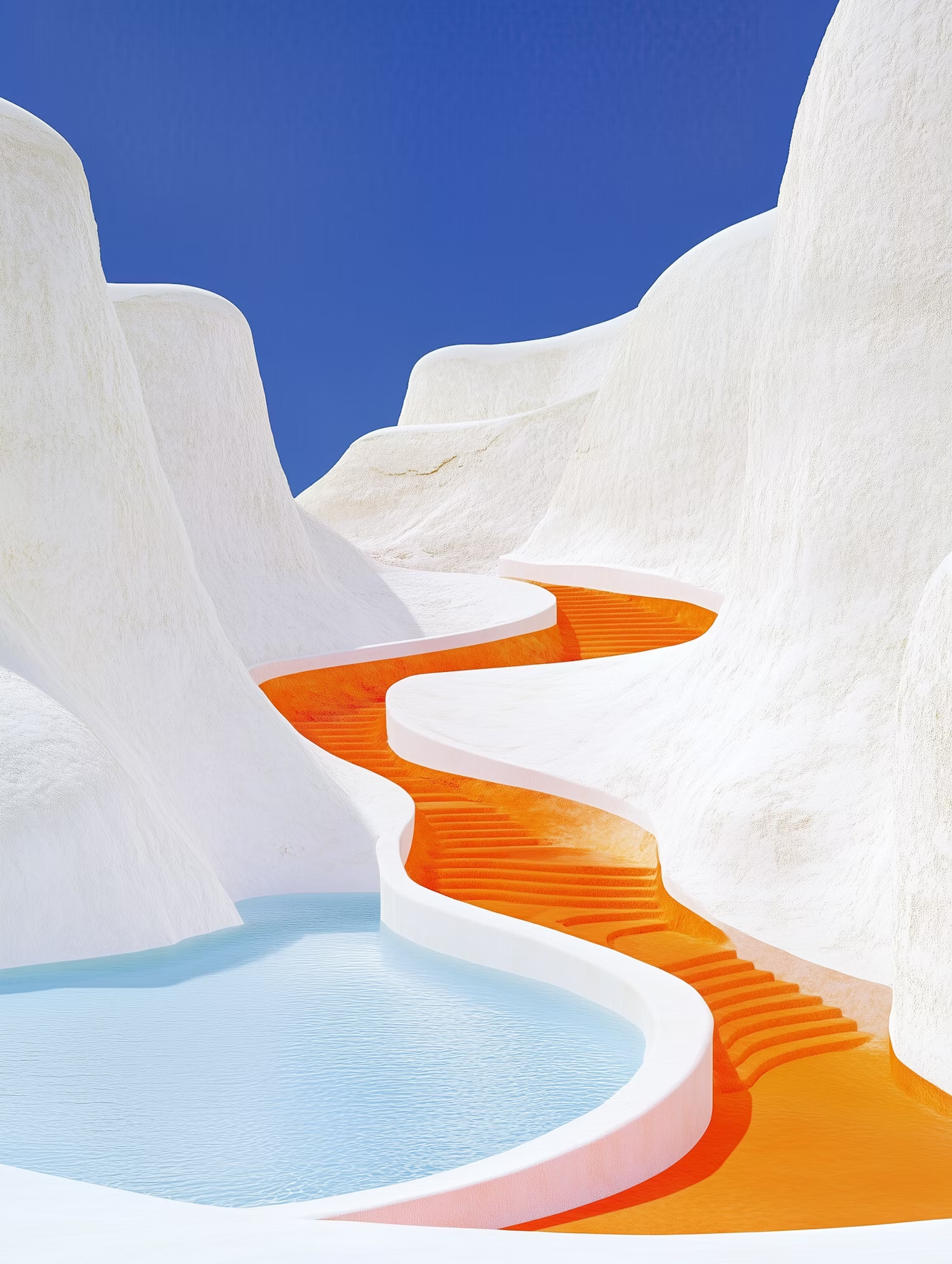 Orange path winding through white cliffs to a pool