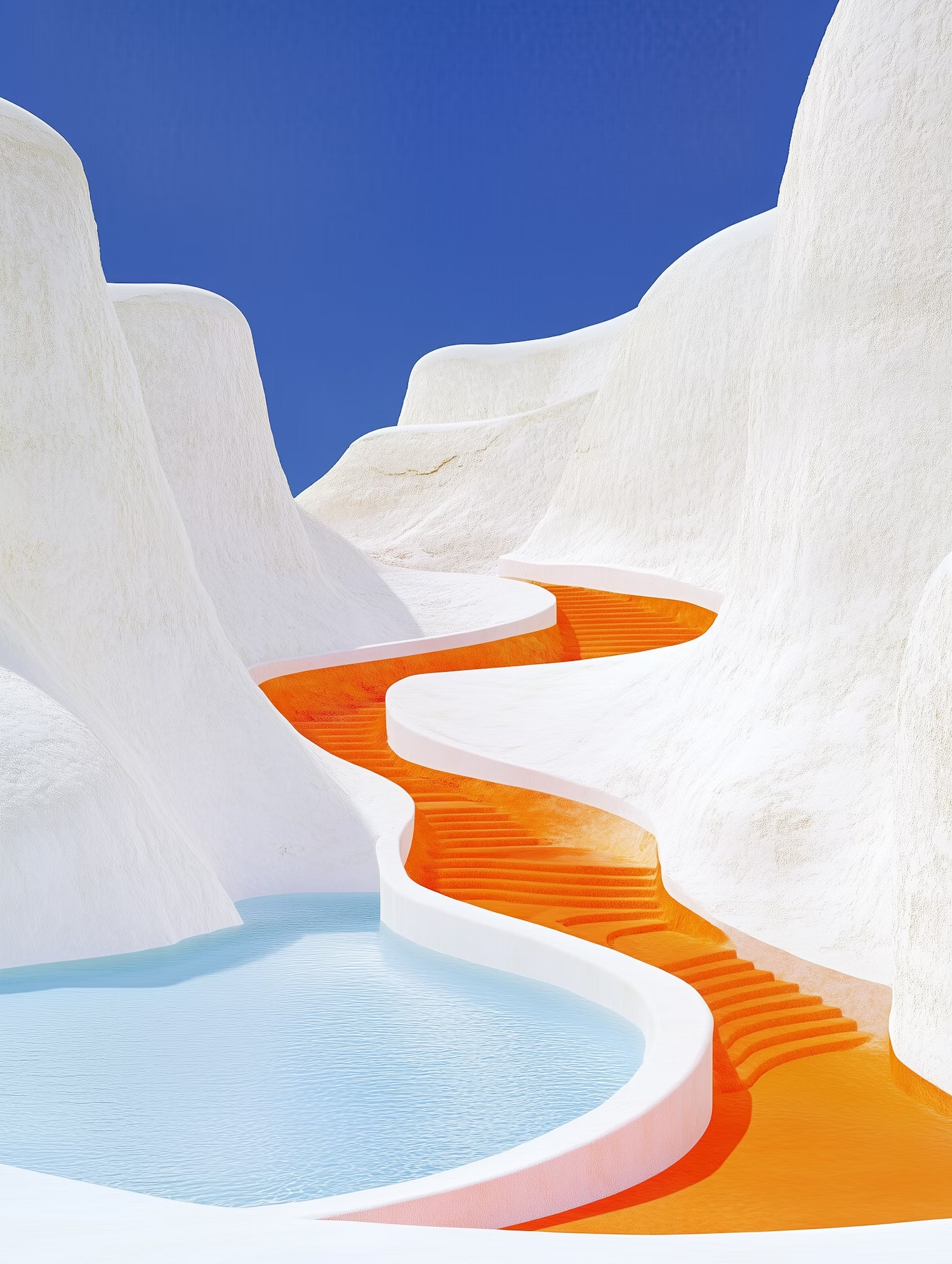Orange path winding through white cliffs to a pool