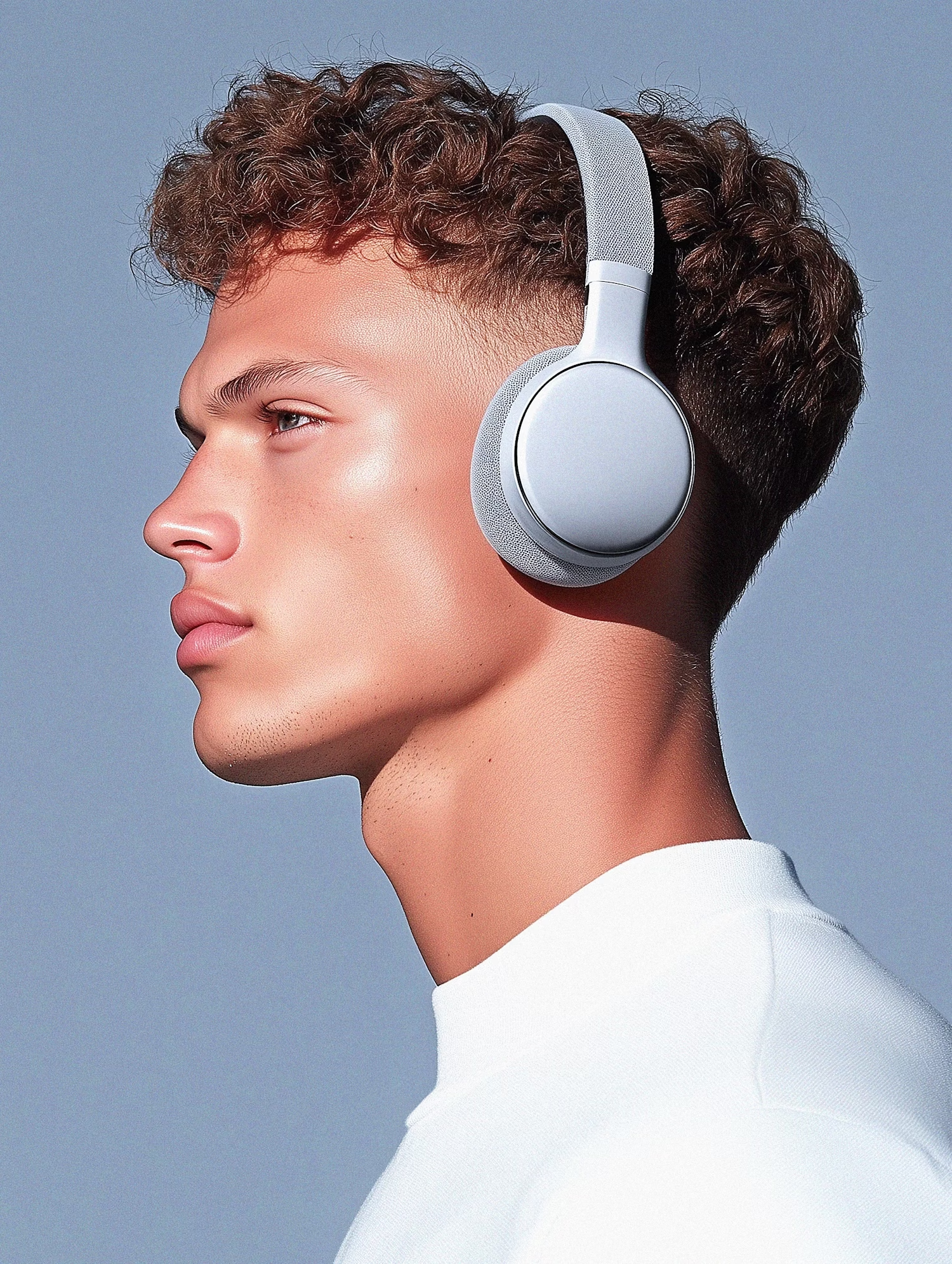 Profile of a man wearing white headphones