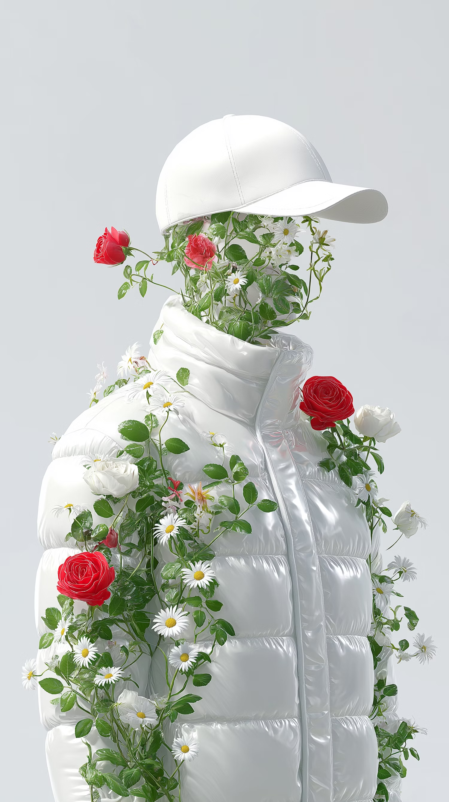 Figure in a white jacket and cap made of roses and daisies