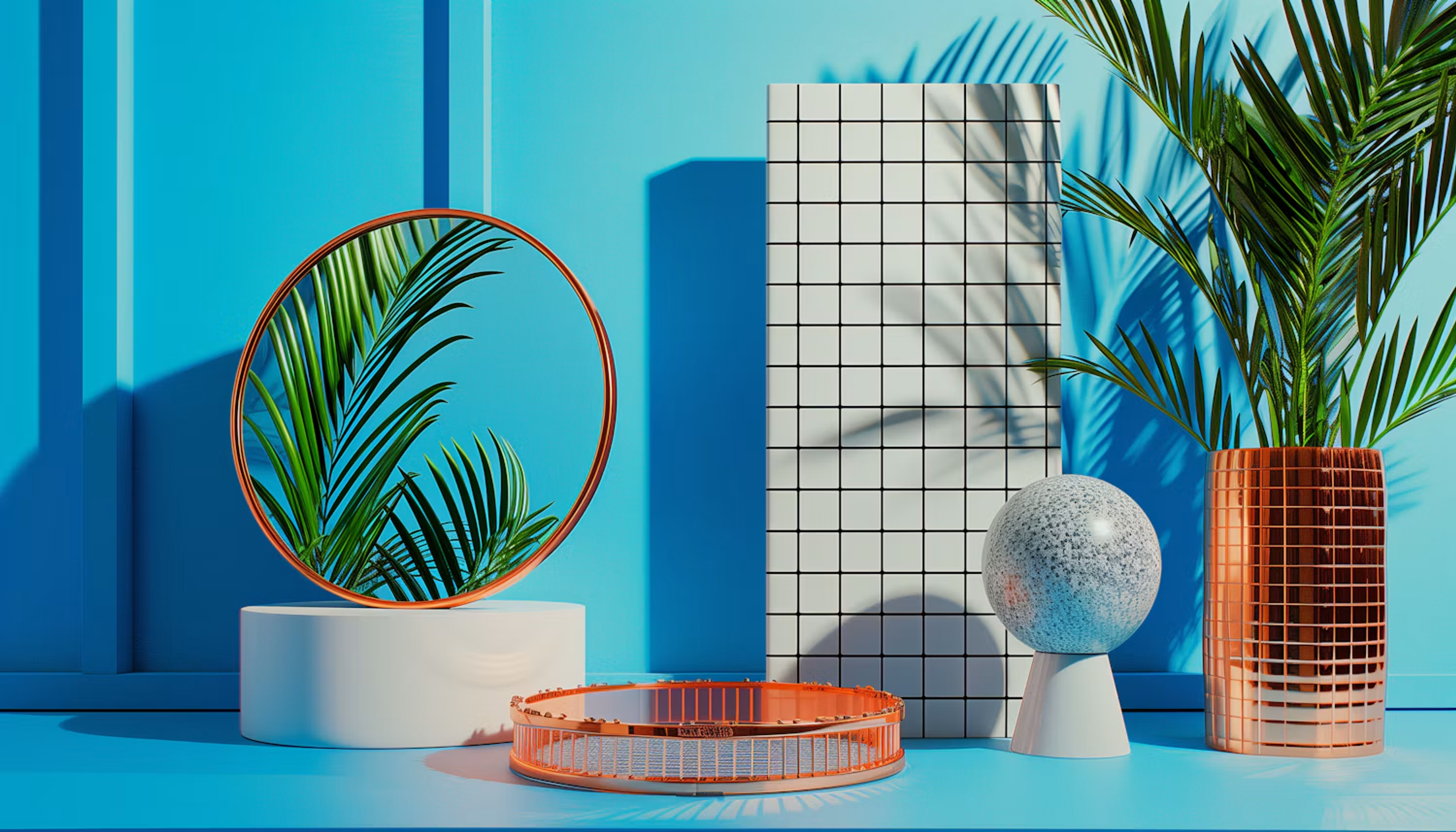 Mirror, grid panel and palms against a blue wall