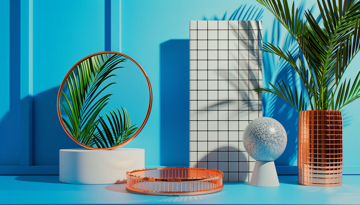 Mirror, grid panel and palms against a blue wall